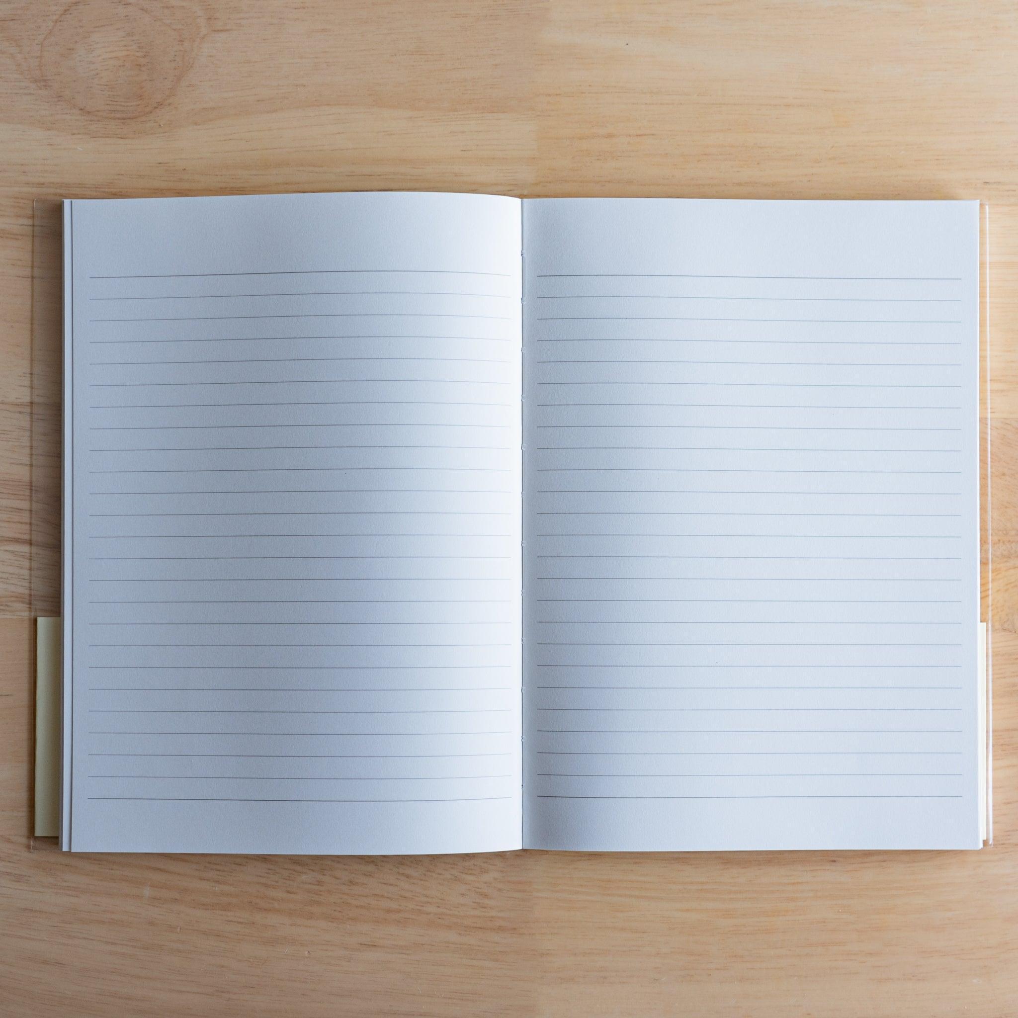 Open Premium C.D. Japanese notebook showing two lined white pages, made for smooth writing with fountain pens.