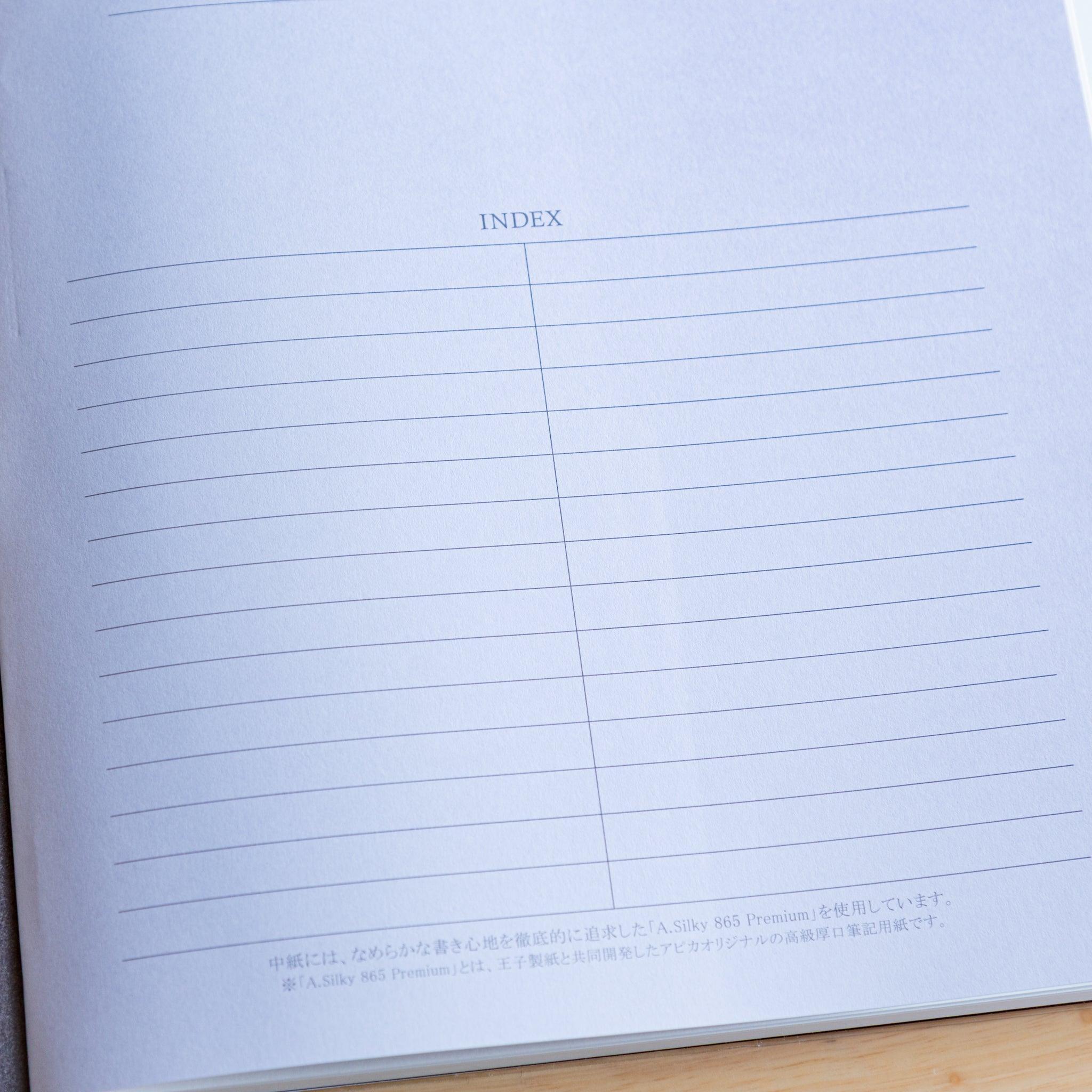Close-up of index page in a Japanese notebook, printed on smooth A.Silky 865 Premium paper ideal for fountain pens.