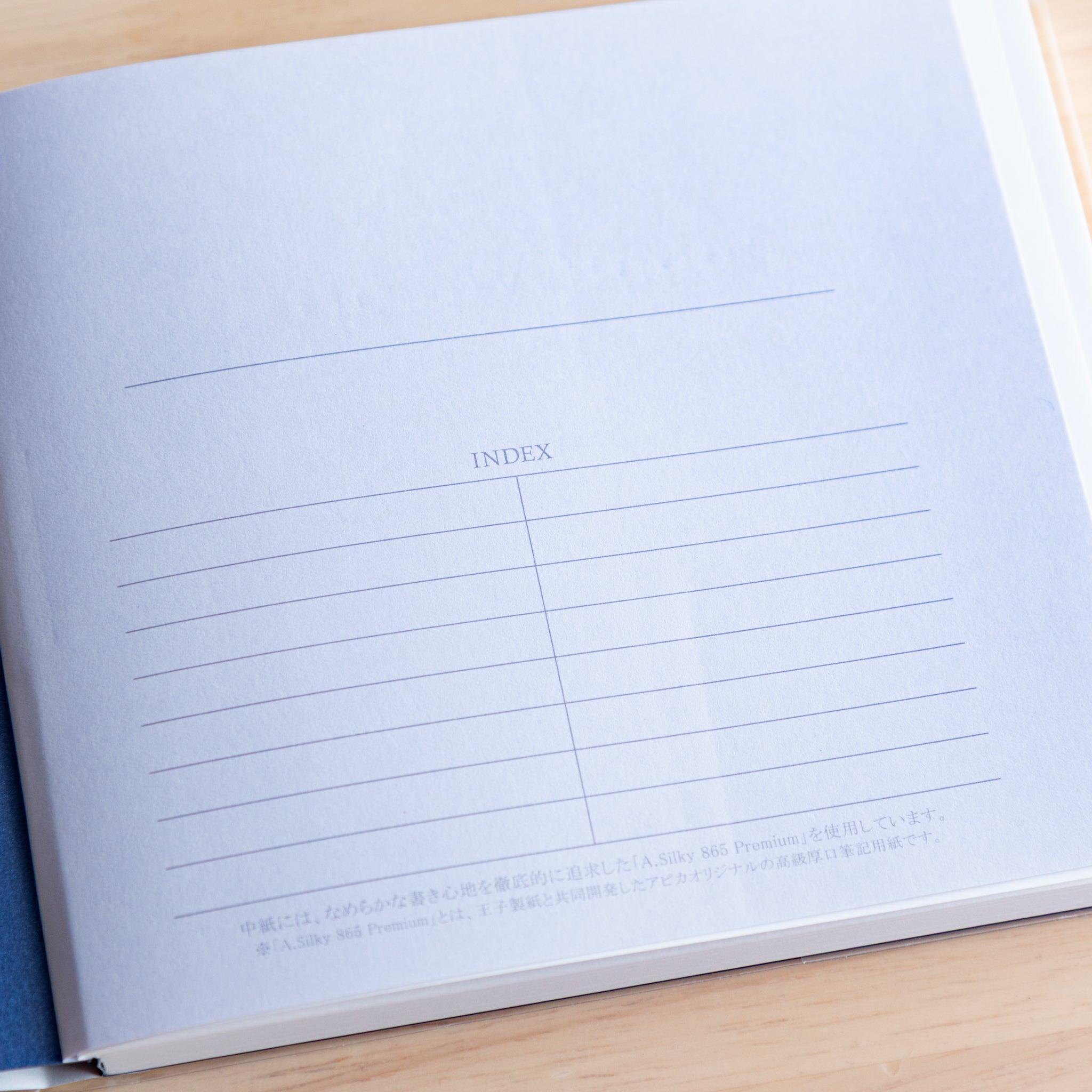 Close-up of index page in a Japanese notebook, printed on smooth A.Silky 865 Premium paper ideal for fountain pens.