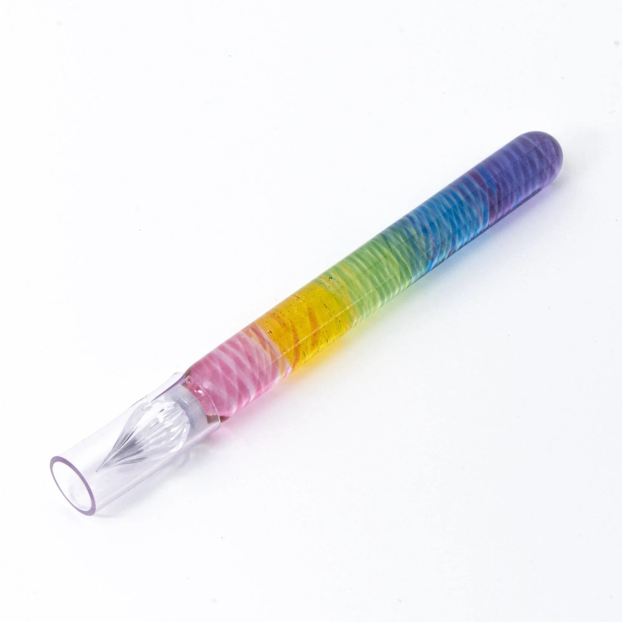 Rainbow Short glass dip pen angled view revealing transitional color gradient and glass nib construction details