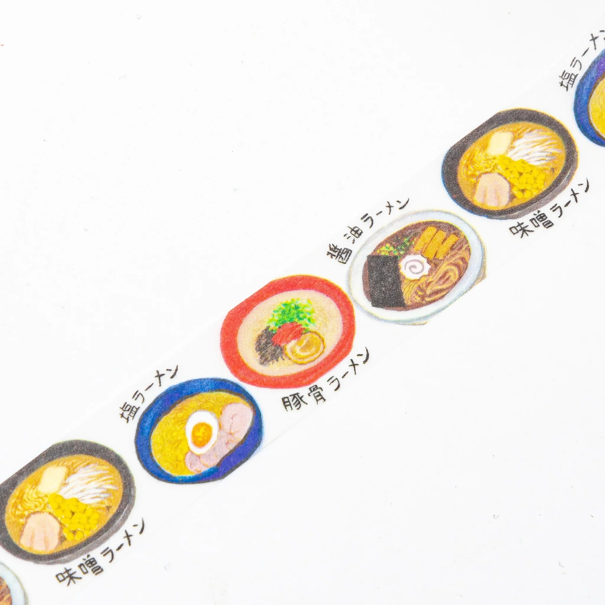 Ramen Iyo washi tape unrolled displaying noodle bowls with egg noodles and broth style illustrations partially unrolled