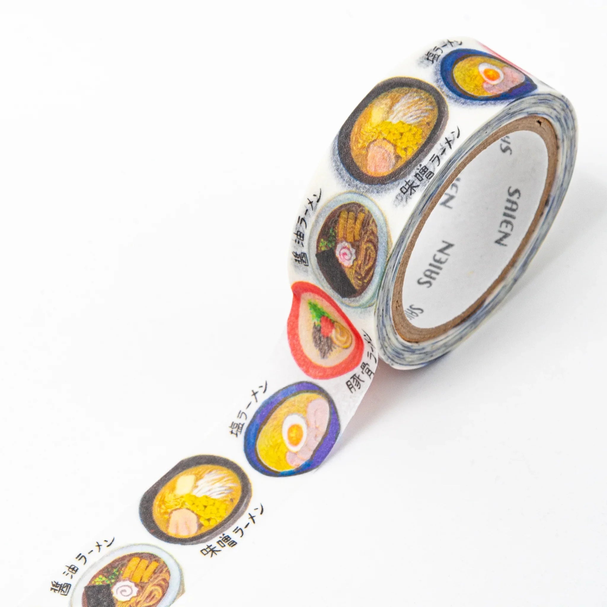 Ramen design Iyo washi tape showing multiple ramen bowl variations with vegetable egg toppings detail partially unrolled