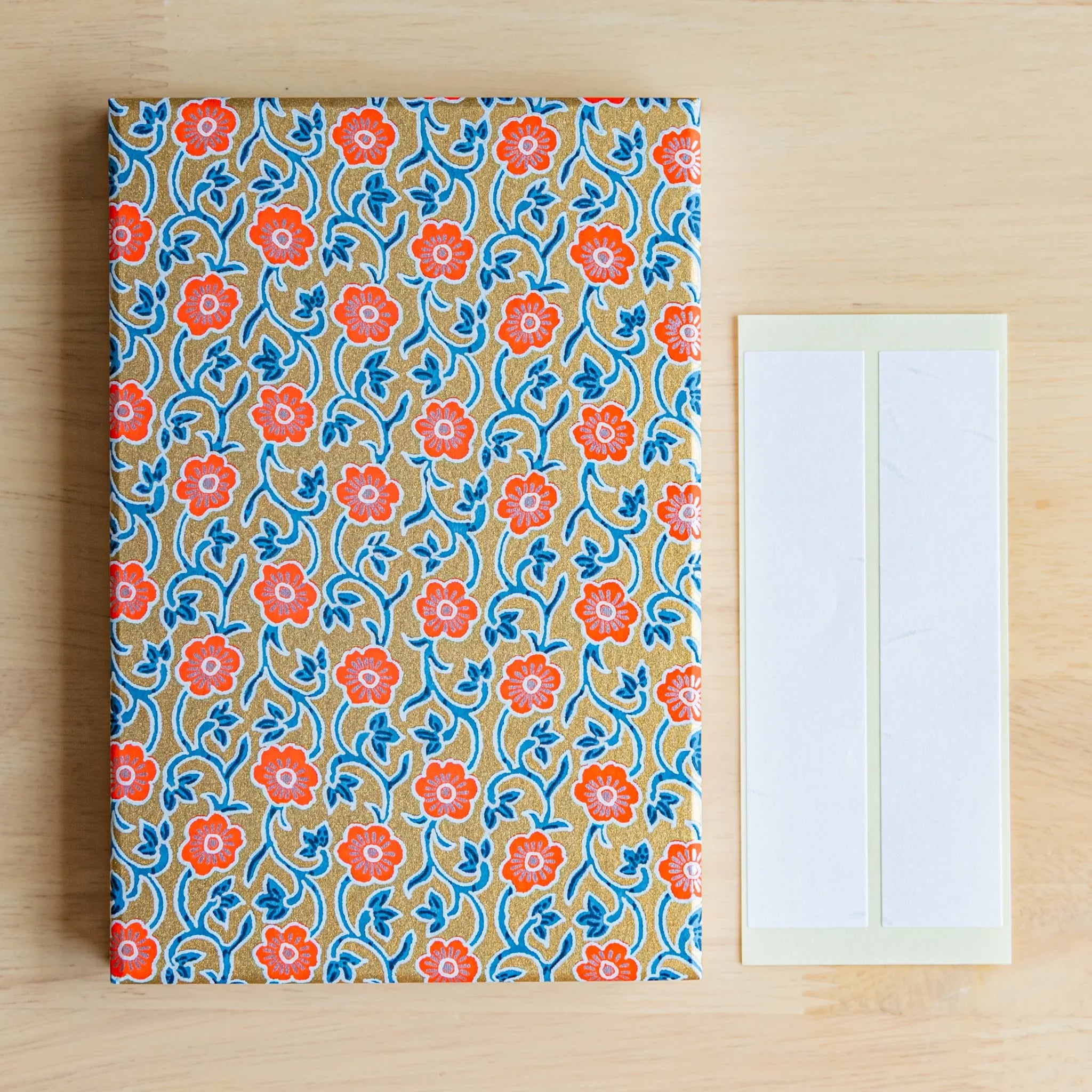 Red Flower Washi Goshuincho Stamp Book featuring coral flowers with blue leafy vines on gold background