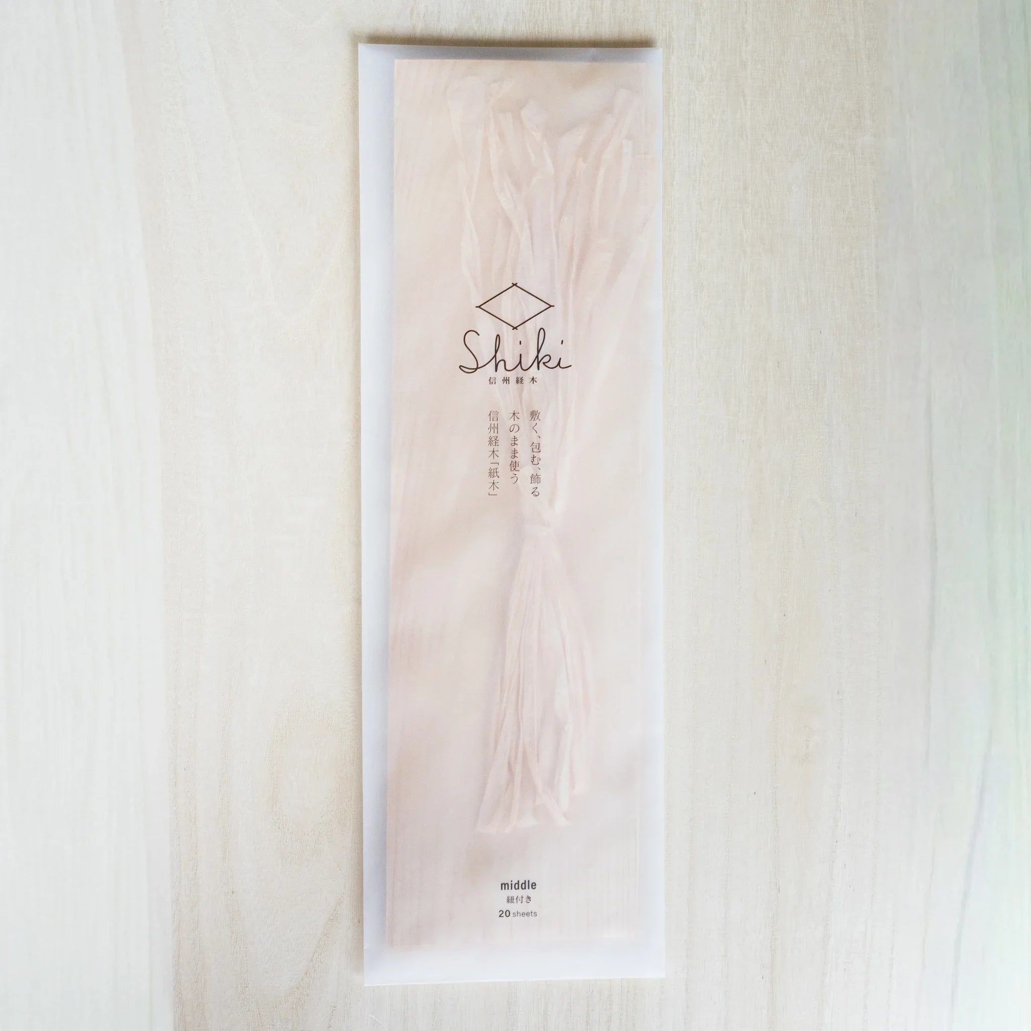 Shiki package of Red Pine Wood Sheets and Hinoki strings in translucent sleeve, labeled middle, 20 sheets