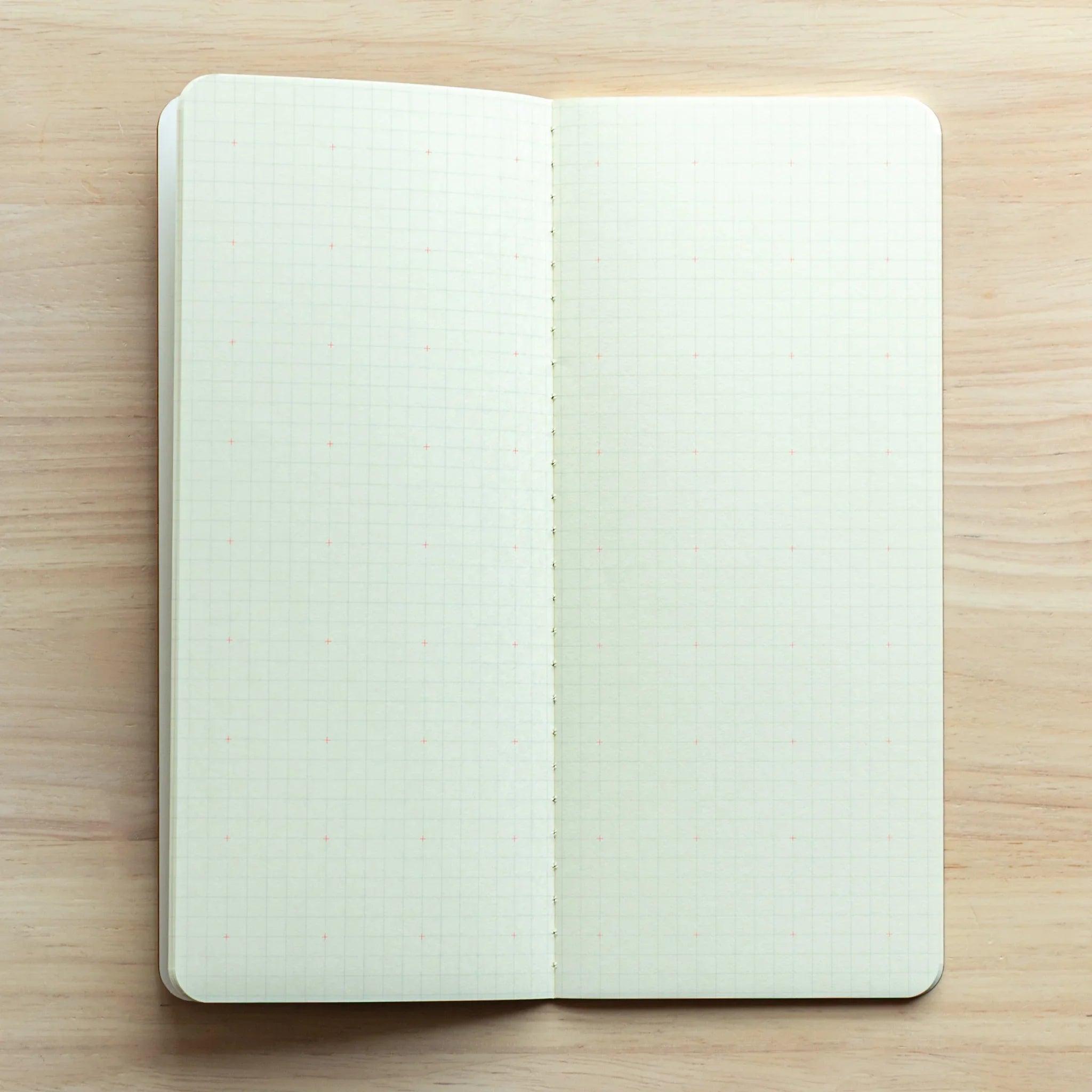 Compact beige Japanese Notebook shot from above, pocket-size with grid paper for Japanese Fountain Pen.