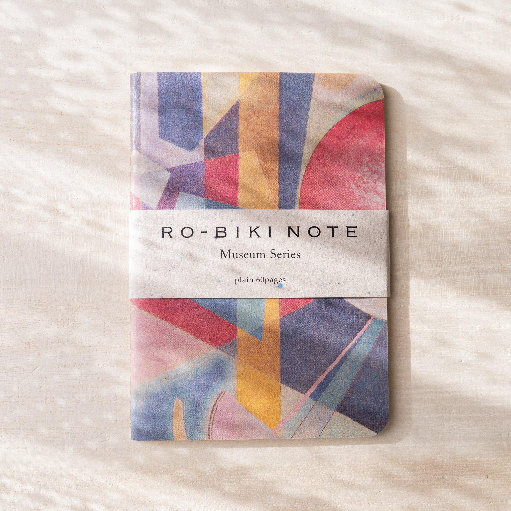 RO-BIKI NOTE Museum Series notebook with abstract geometric painting cover in blue, red, and yellow tones, paper belly band