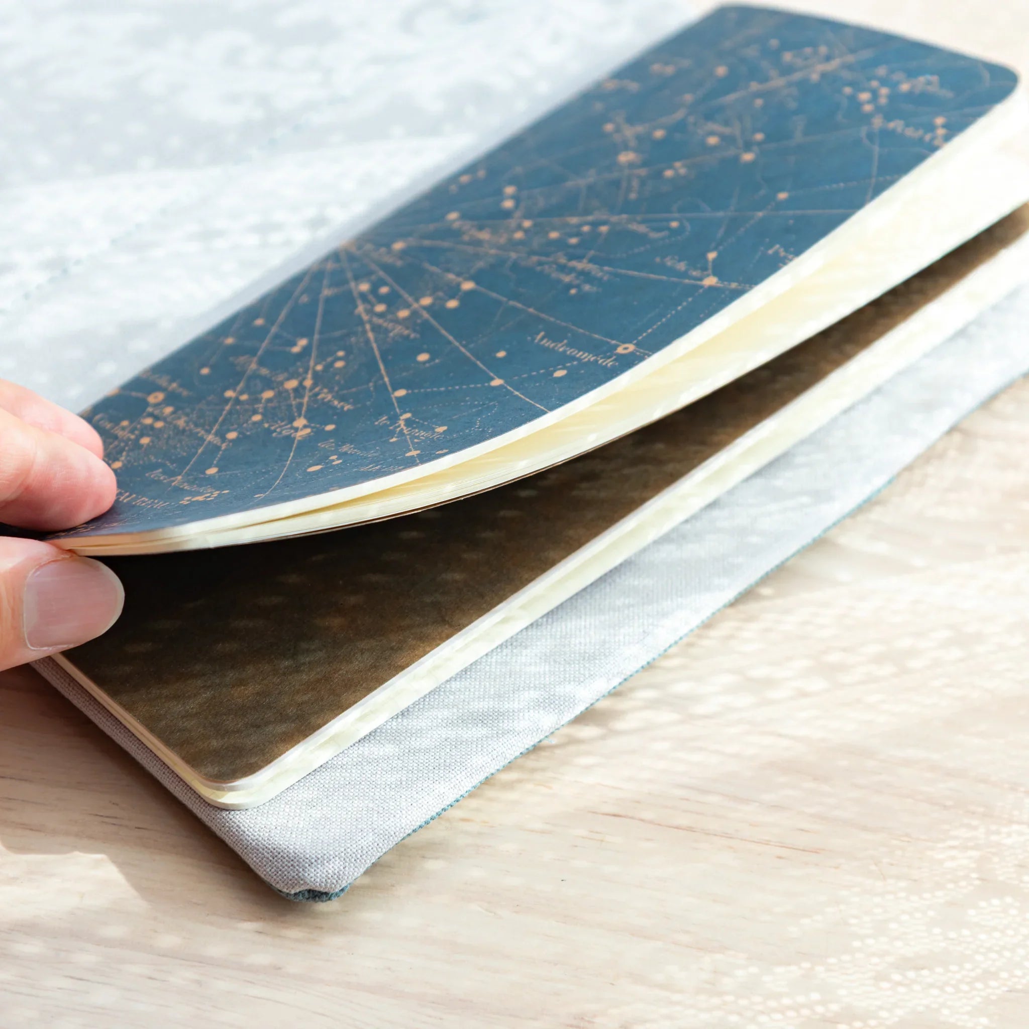 RO-BIKI NOTE with constellation cover design being inserted into a Japanese Note Book Cover for secure use.