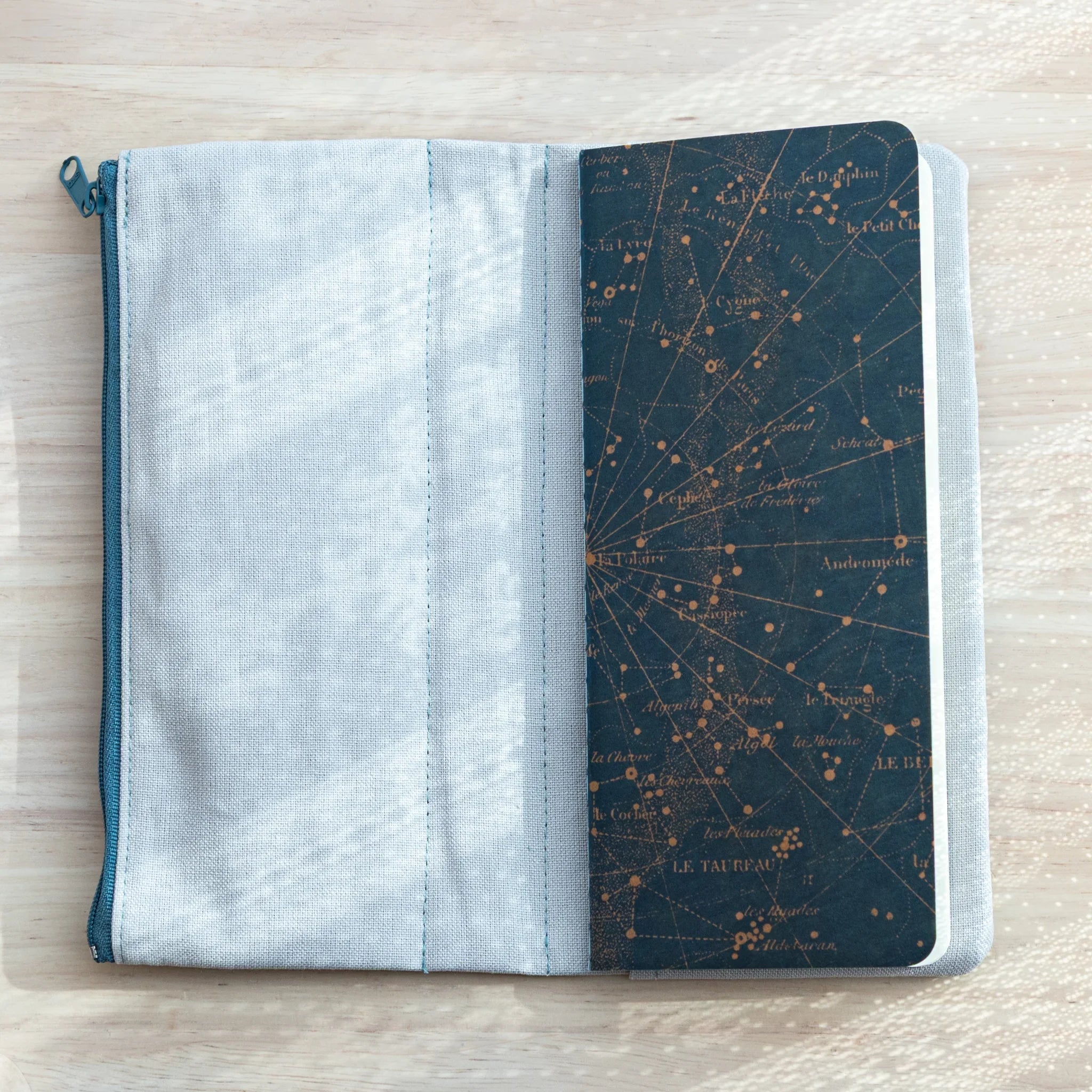 Inside view of Japanese Notebook Cover, notebook securely tucked in left pocket.