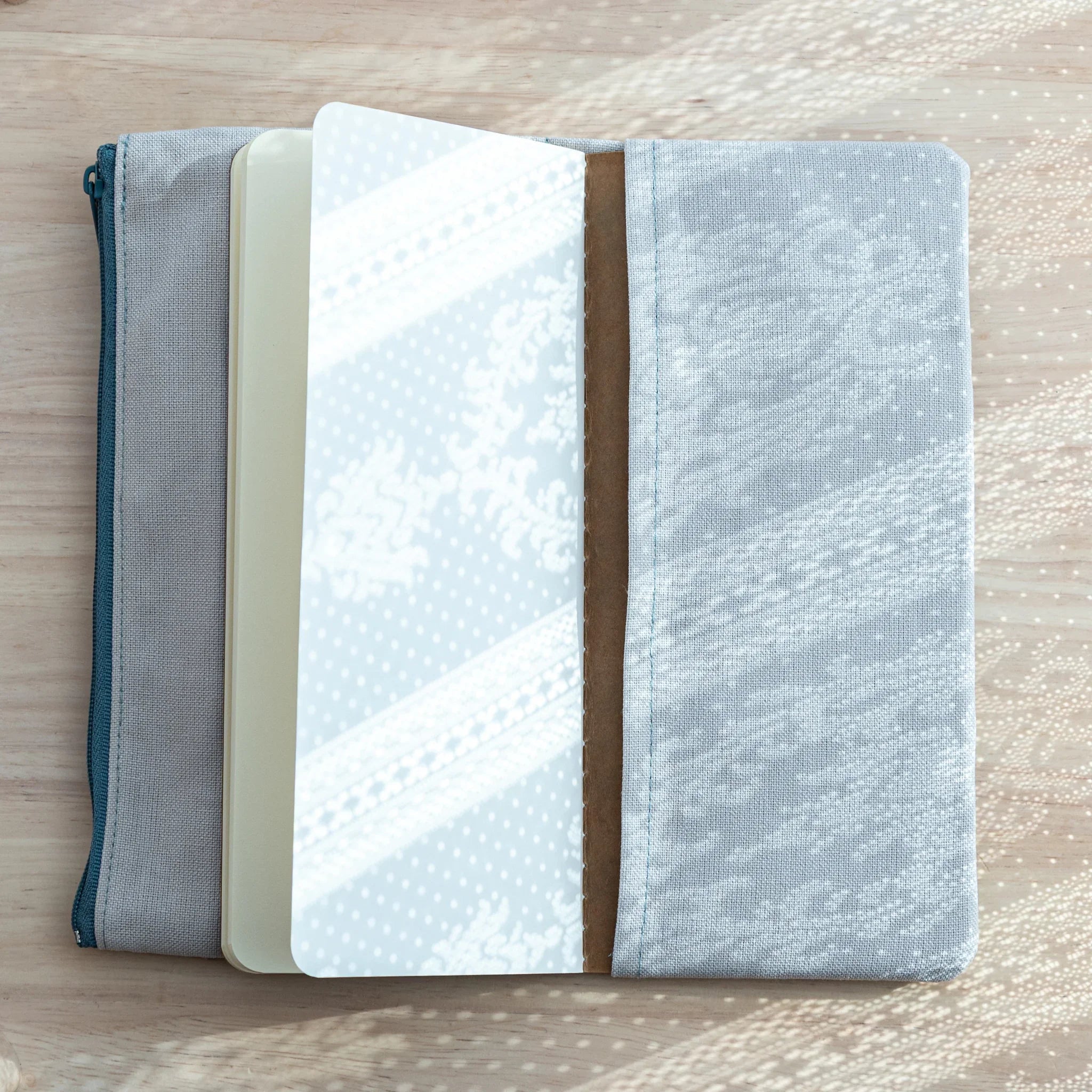 RO-BIKI Canvas Cover vintage blue version displayed showing integrated stationery pocket, quality organization tool