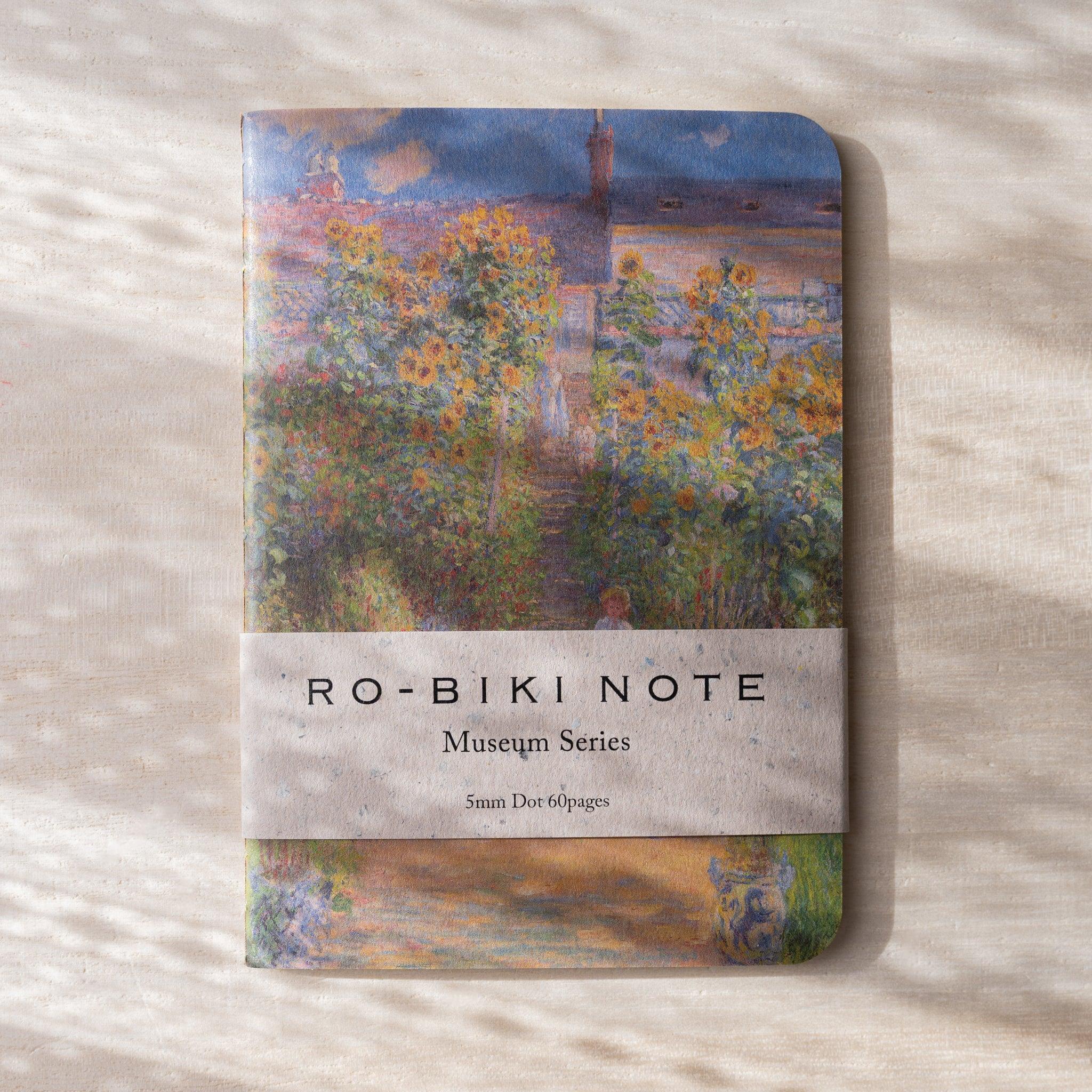 RO-BIKI NOTE Museum Series notebook, Impressionist sunflower garden painting on waxed cover, paper belly band