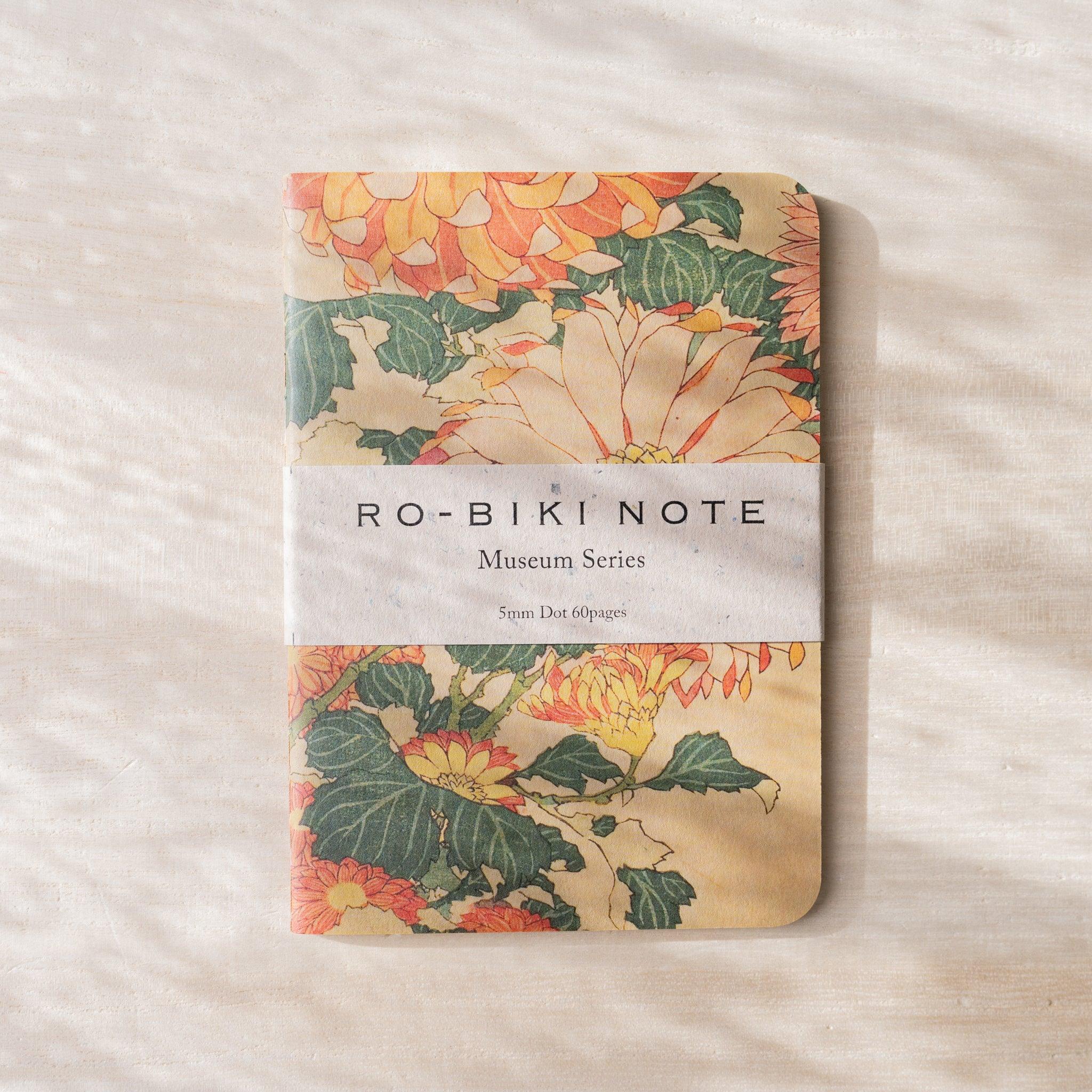 RO-BIKI NOTE Museum Series notebook with Japanese chrysanthemum painting cover, orange and yellow flowers, paper belly band
