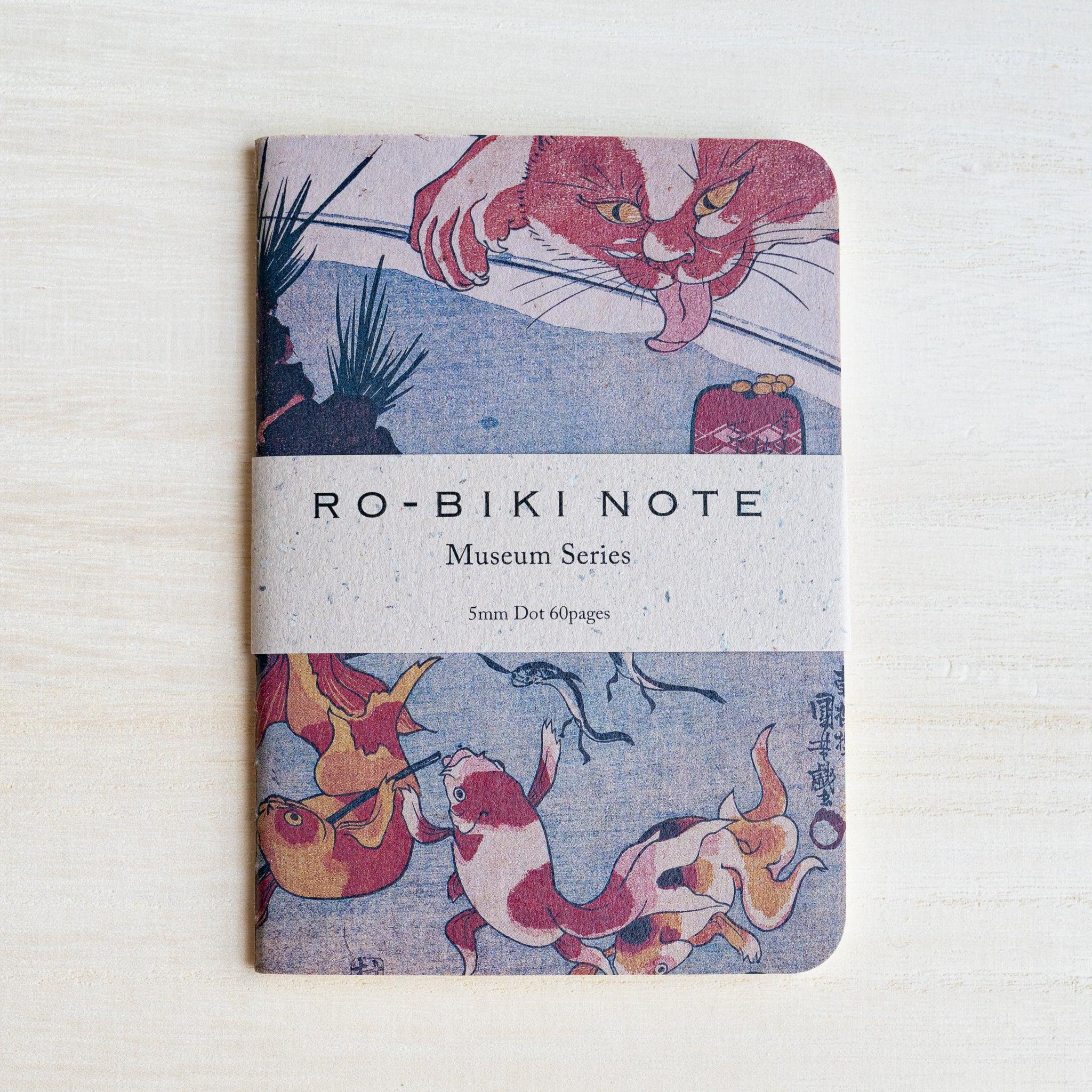 RO-BIKI Kingyo Goldfish notebook with a waxed cover printed with a Kuniyoshi cat and goldfish woodblock print