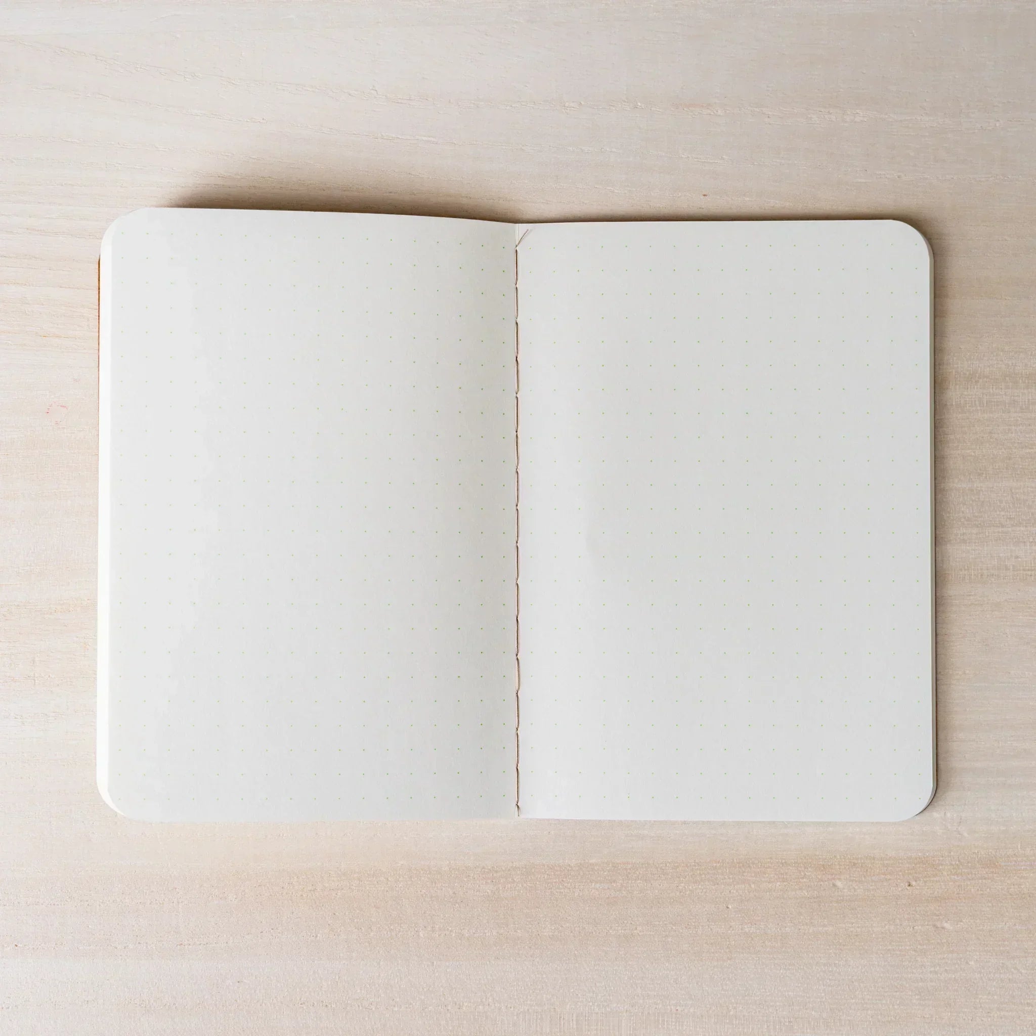 Close-up of RO-BIKI NOTE ivory dot grid page with green dots, rounded corner and page edge details visible