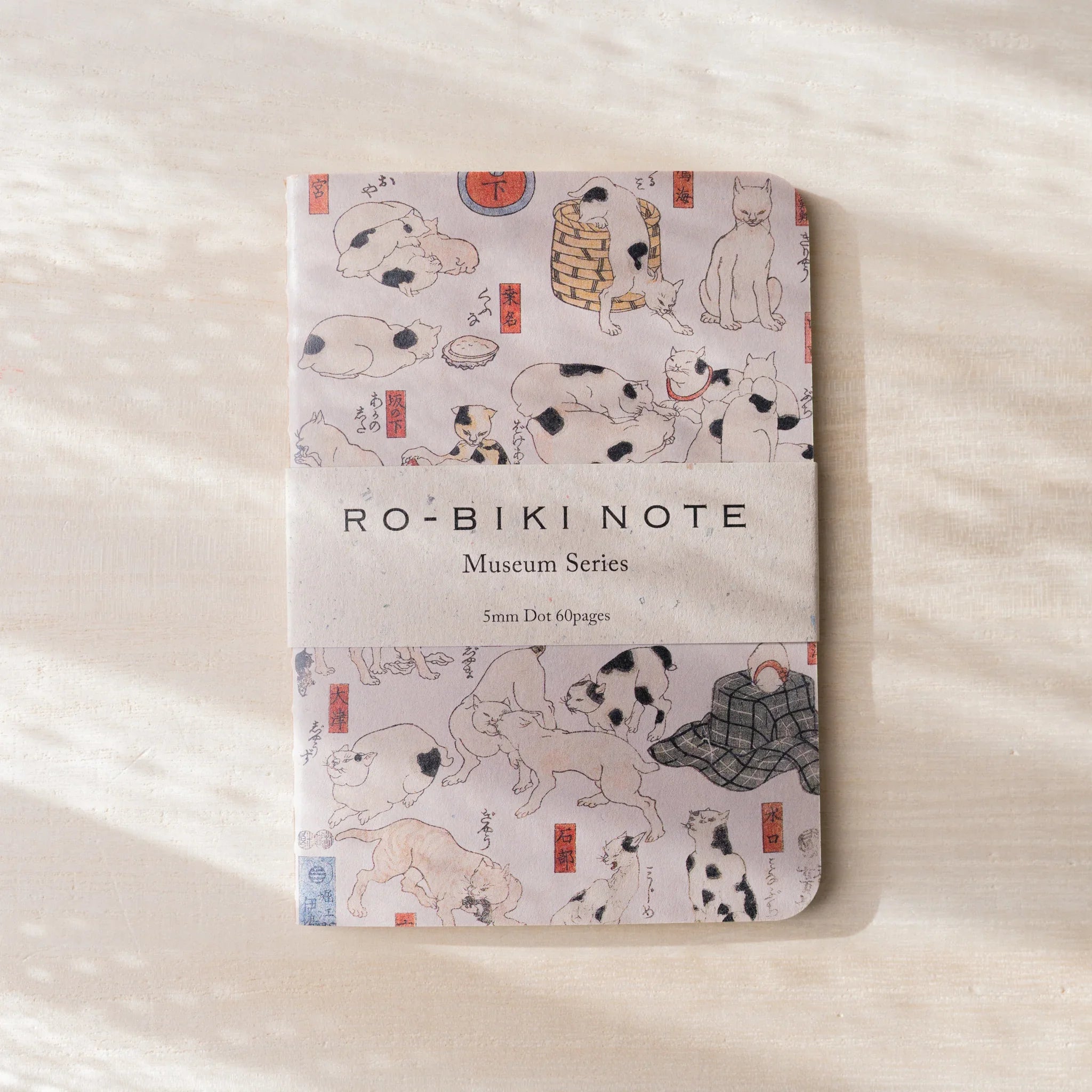RO-BIKI NOTE Museum Series notebook with Japanese cat woodblock print on waxed cover, paper belly band