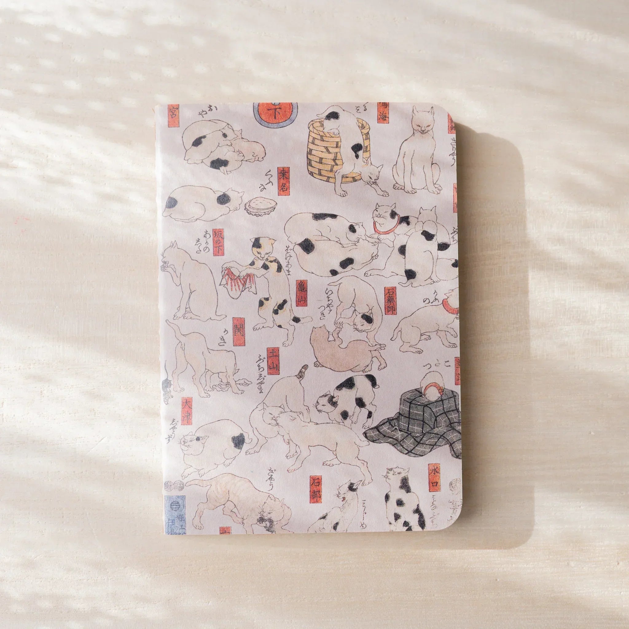 RO-BIKI NOTE Museum Series notebook, full waxed cover with Japanese cat woodblock print and red seals, no belly band