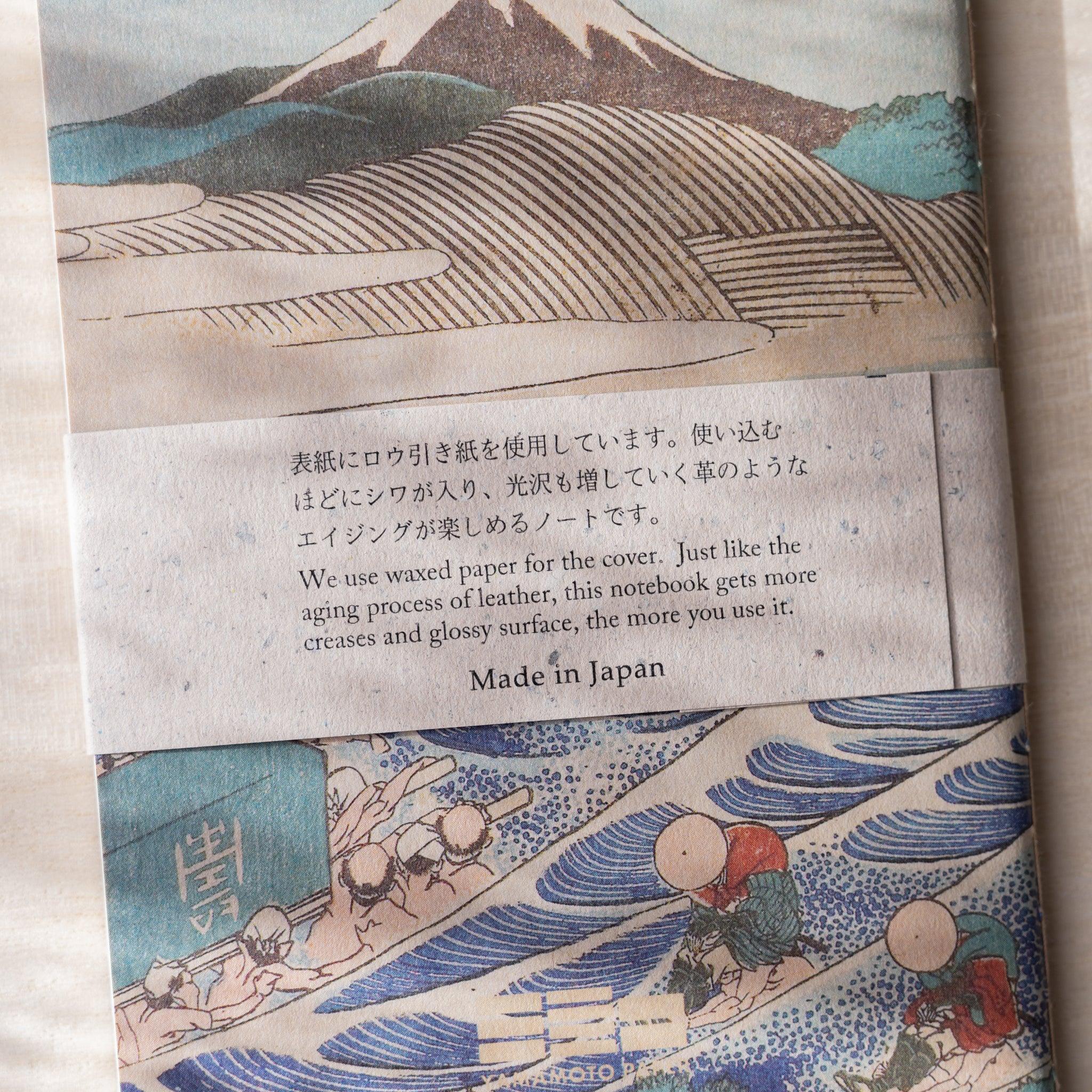 Close-up of RO-BIKI NOTE paper belly band with Japanese and English text, Made in Japan and logo visible