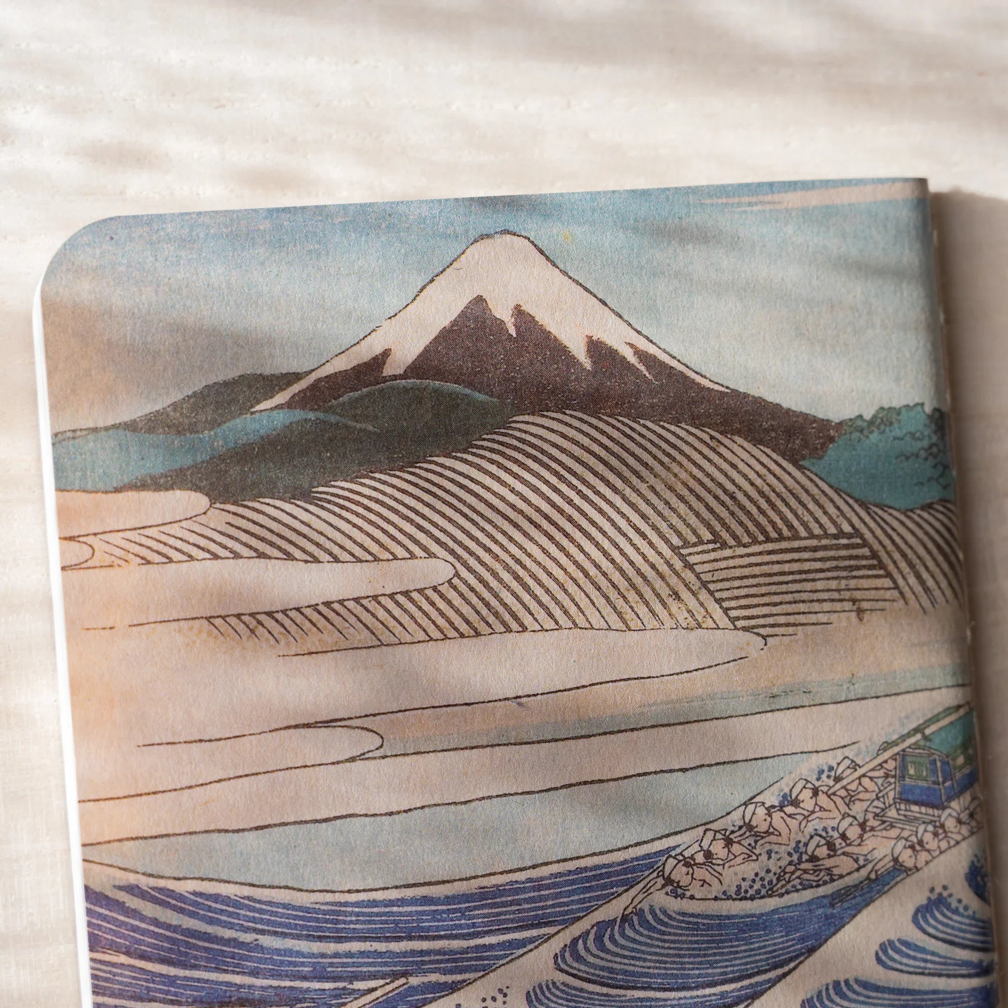 Close-up of RO-BIKI NOTE waxed cover showing Tokaido woodblock print with Mount Fuji, terraced fields, and travelers