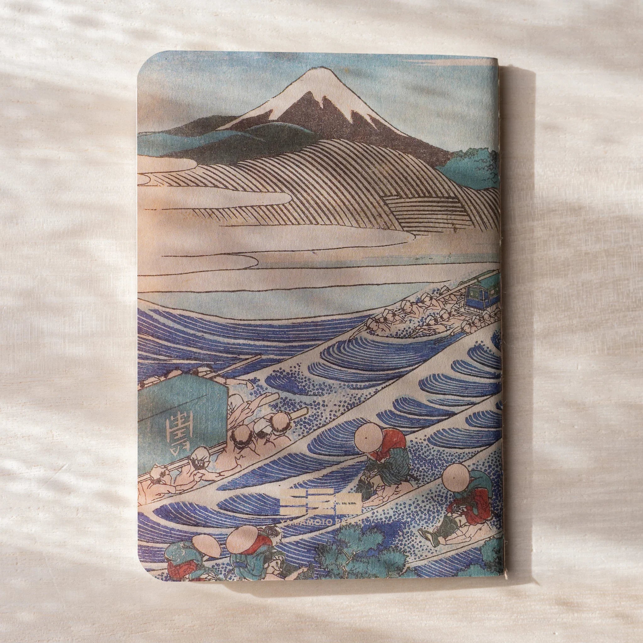 RO-BIKI NOTE back cover with Tokaido woodblock print Mount Fuji above river crossing, travelers scene
