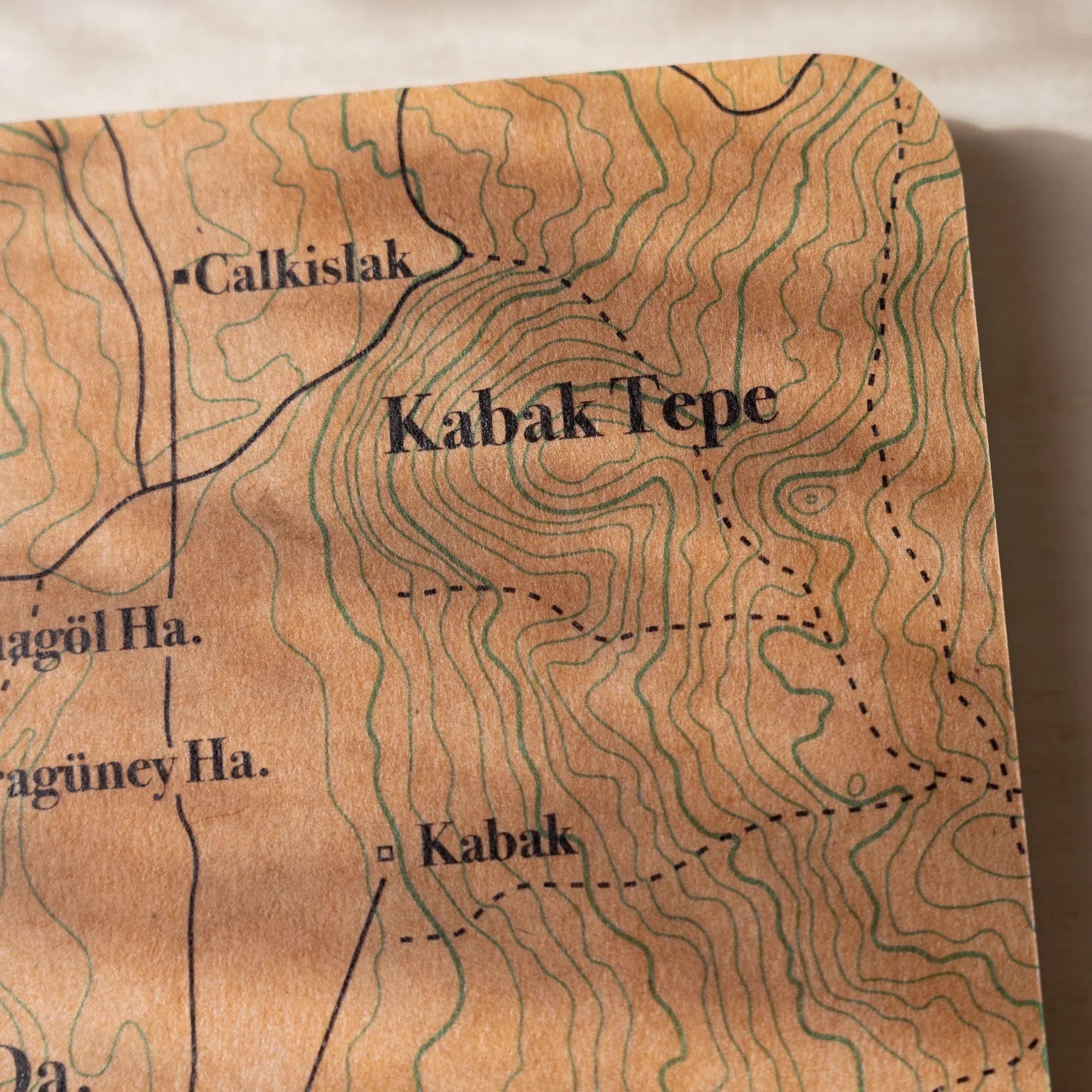 Macro close-up of RO-BIKI NOTE wax-coated cover texture showing topographical contour lines and terrain details