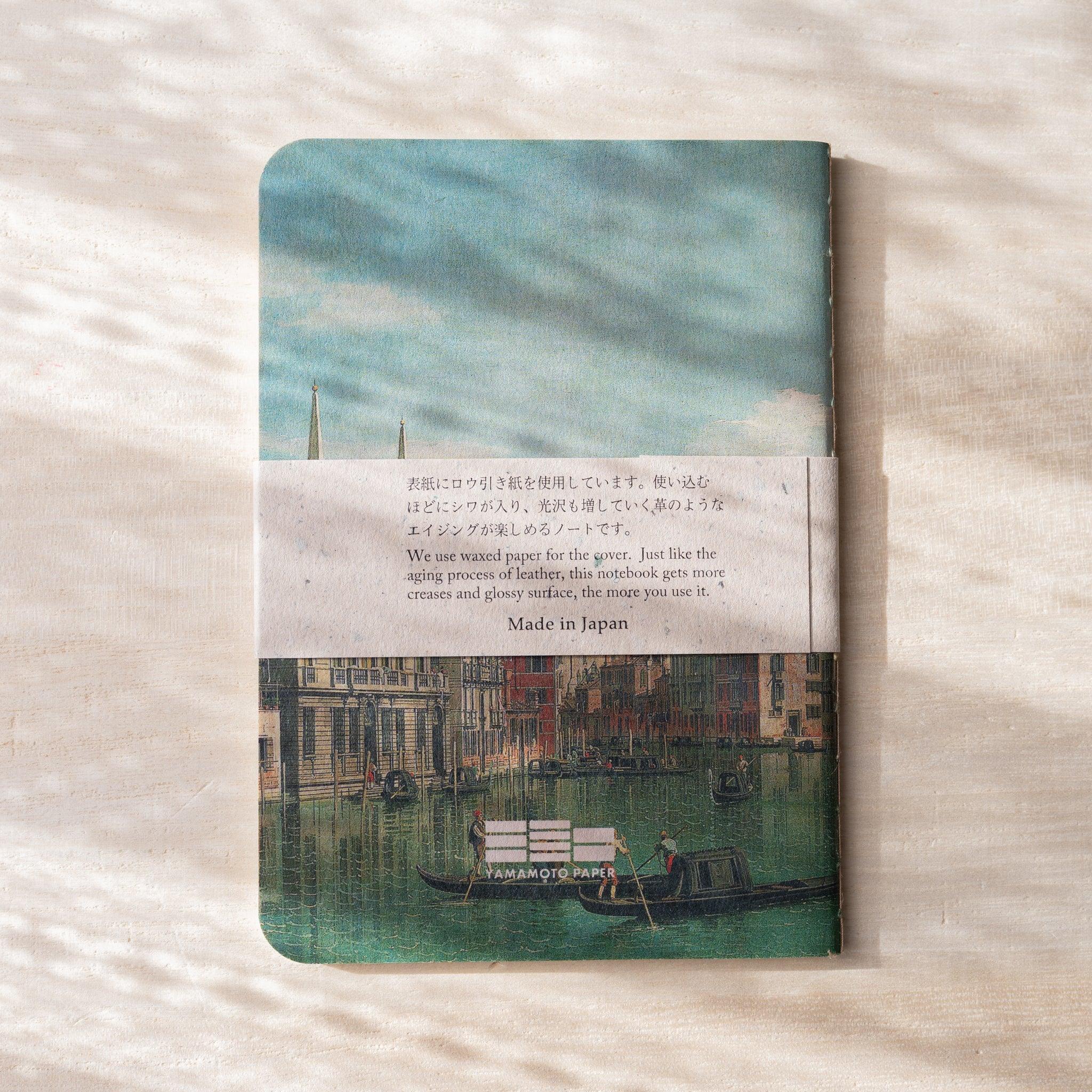 RO-BIKI NOTE back cover with Venetian canal painting, paper belly band with Made in Japan label and YAMAMOTO PAPER logo