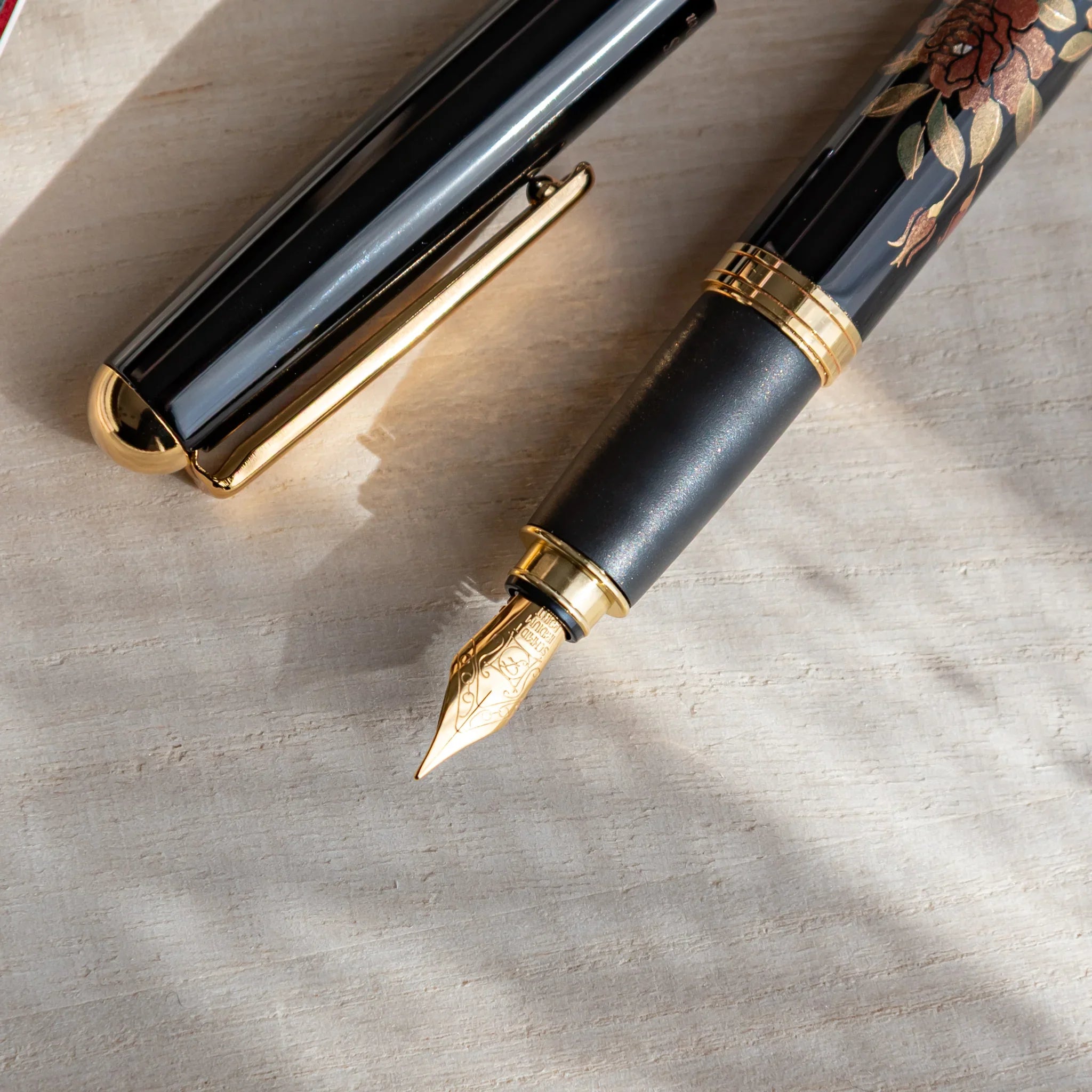 Rose Yamanaka fountain pen with lacquer design shown in composition shown composition product composition view