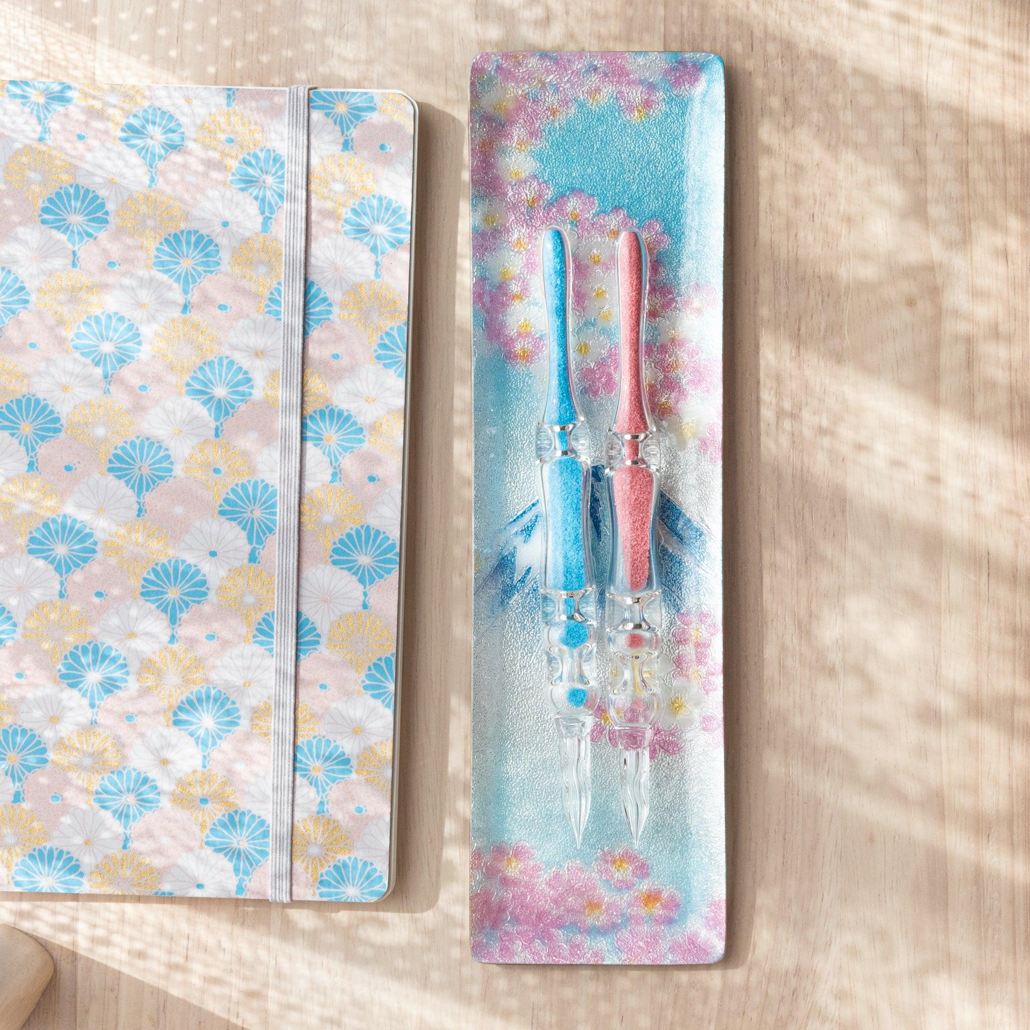 Medium pen tray featuring sakura blossoms and Mount Fuji in traditional Japanese shippo cloisonne technique set