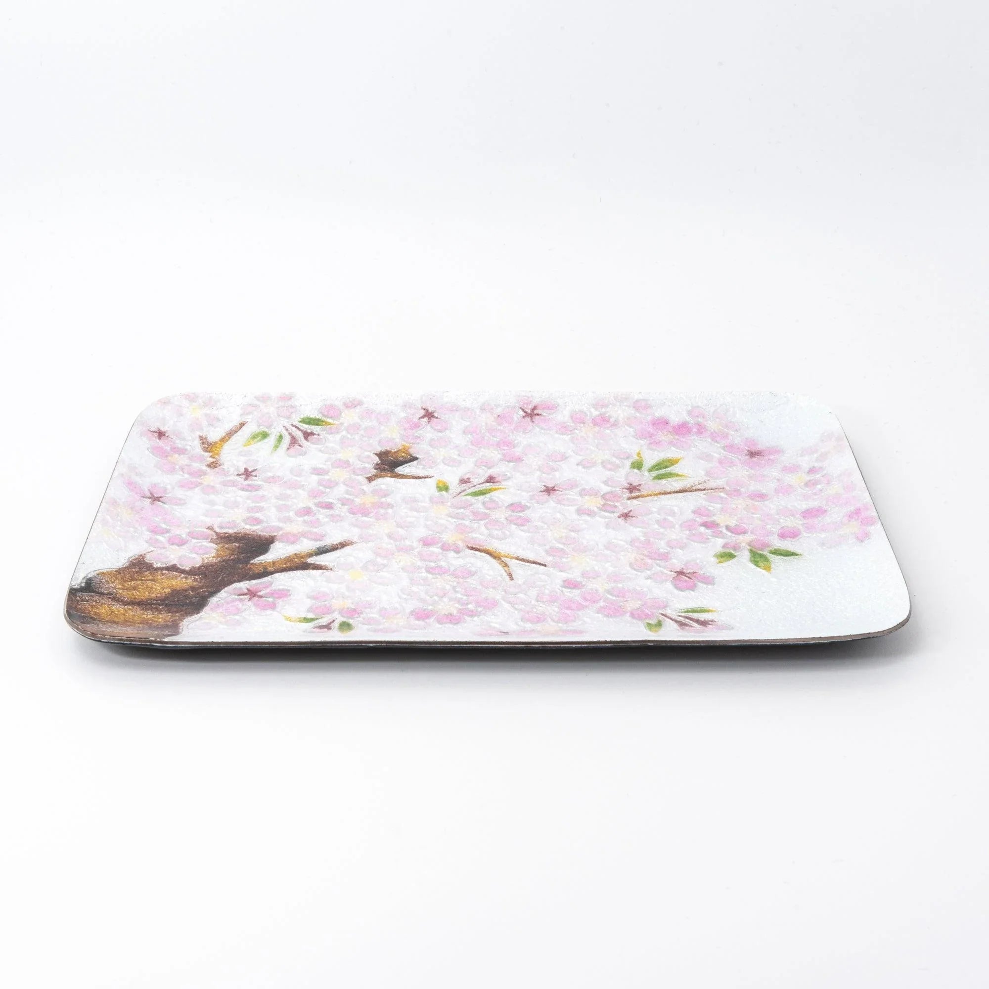 Sakura shippo ware silver pen tray, angled side view on white background revealing tray depth and pink sakura blossom design