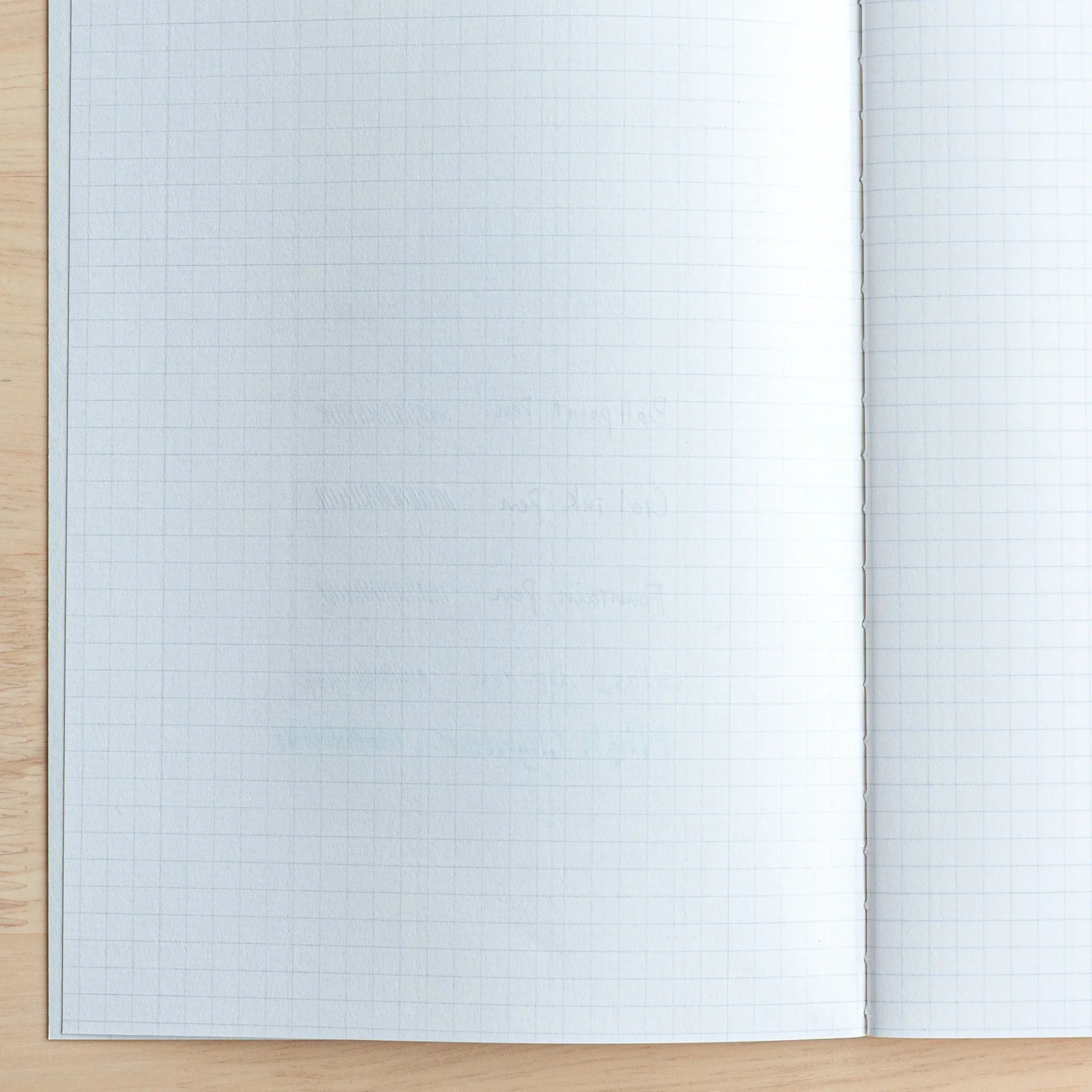 Tsubame Notebook Grid A5 opened to reveal blue grid paper pages with light tan leather binding and spine detail