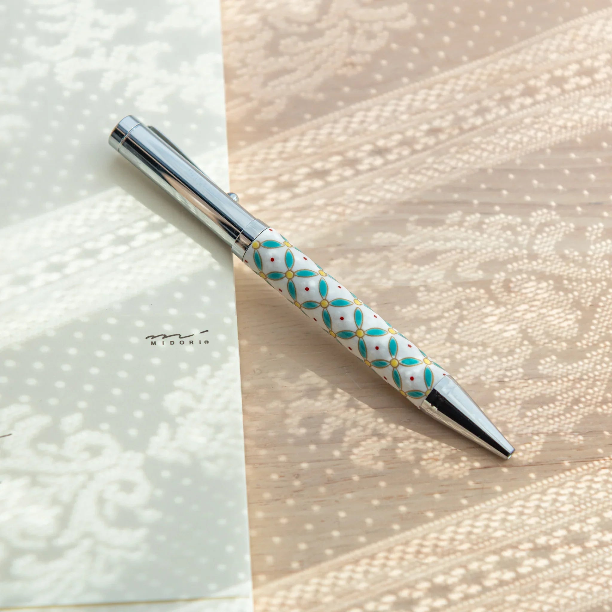 Shippo and floral diamond Kutani ceramic ballpoint pen with traditional hand-painted pattern for refined desk organization