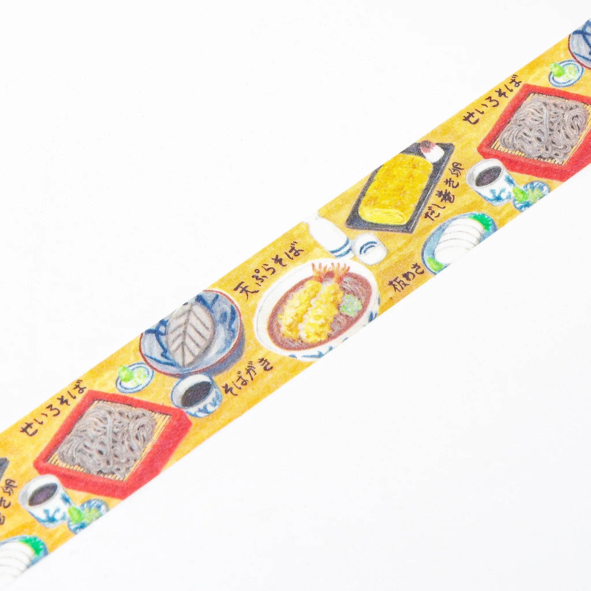 Soba Iyo Washi Tape unrolled showing traditional soba noodle bowl and decorative geometric rectangular frame designs