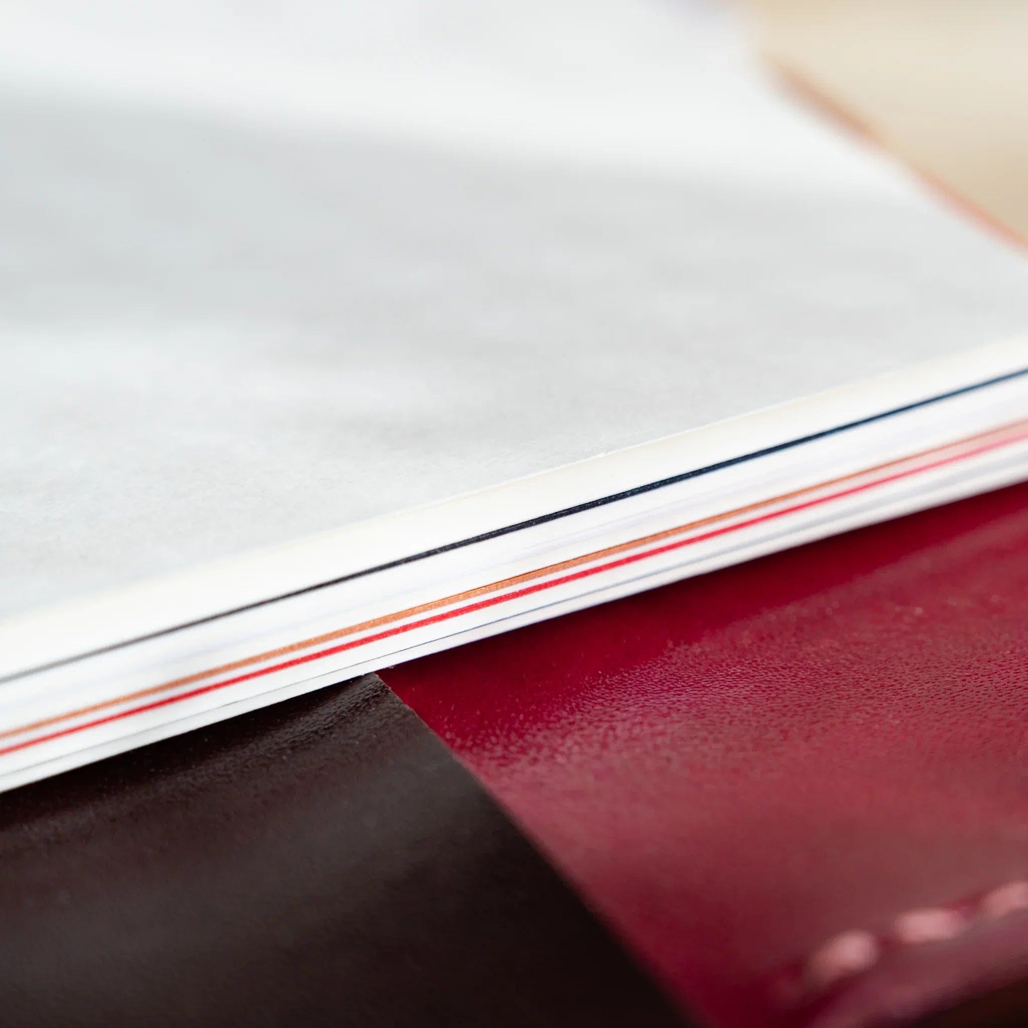 Japanese Stationery Stardream index dividers for Mini 6 planners, stack of pages with colored edges on a burgundy binder.