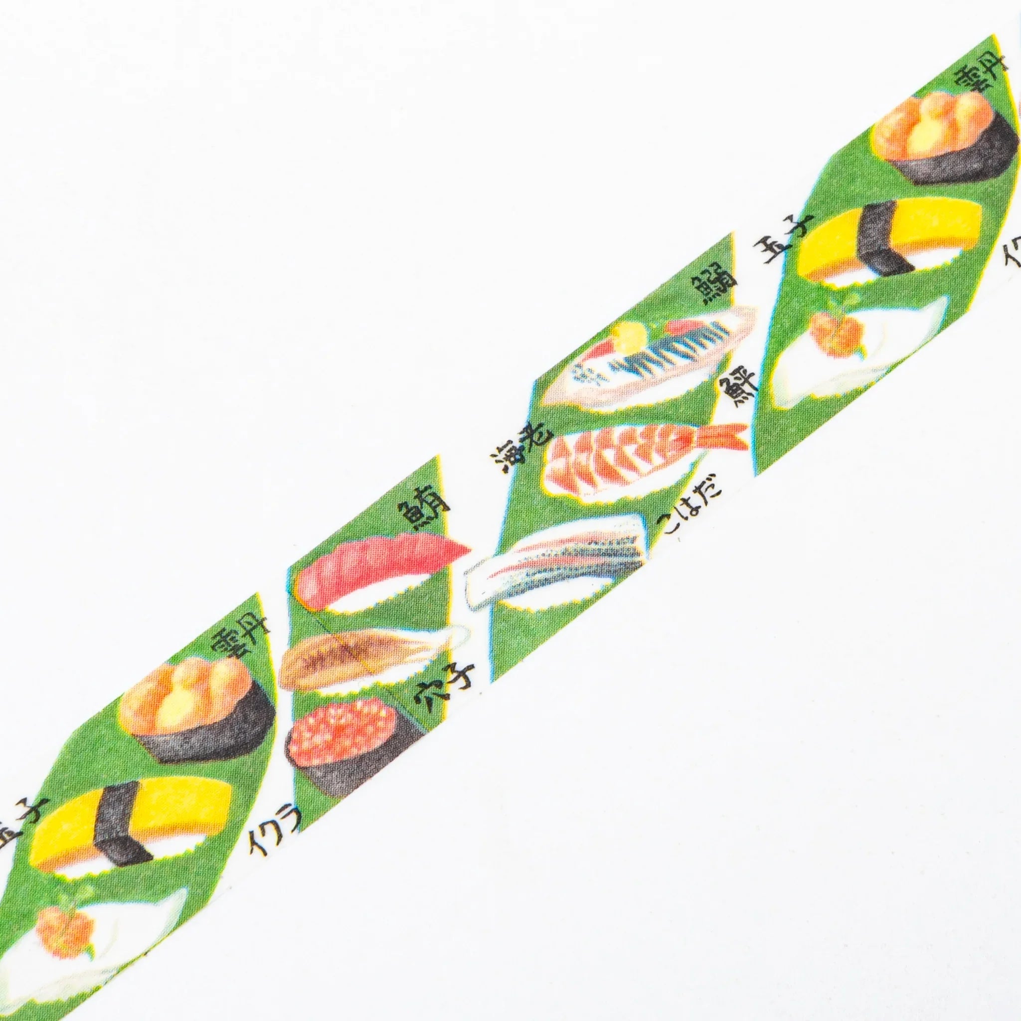 Sushi Iyo washi tape unrolled displaying various colorful sushi types with seafood variation designs detail set