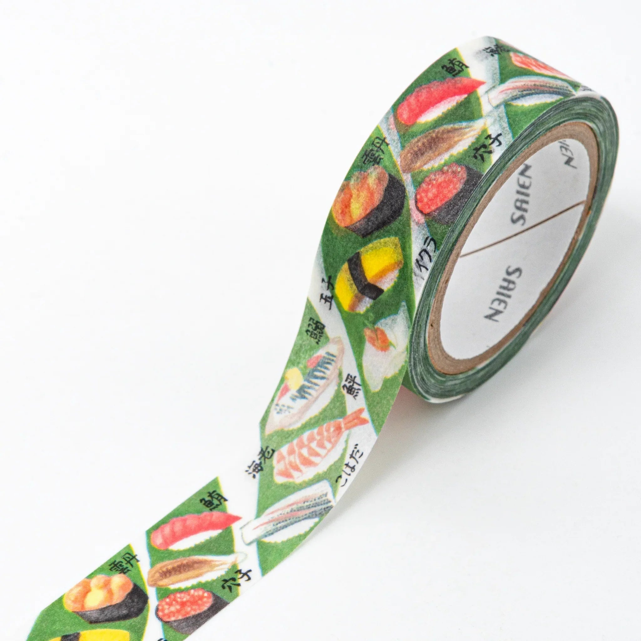 Sushi Iyo Washi Tape featuring assorted nigiri and maki roll illustrations with detailed fish and seafood toppings
