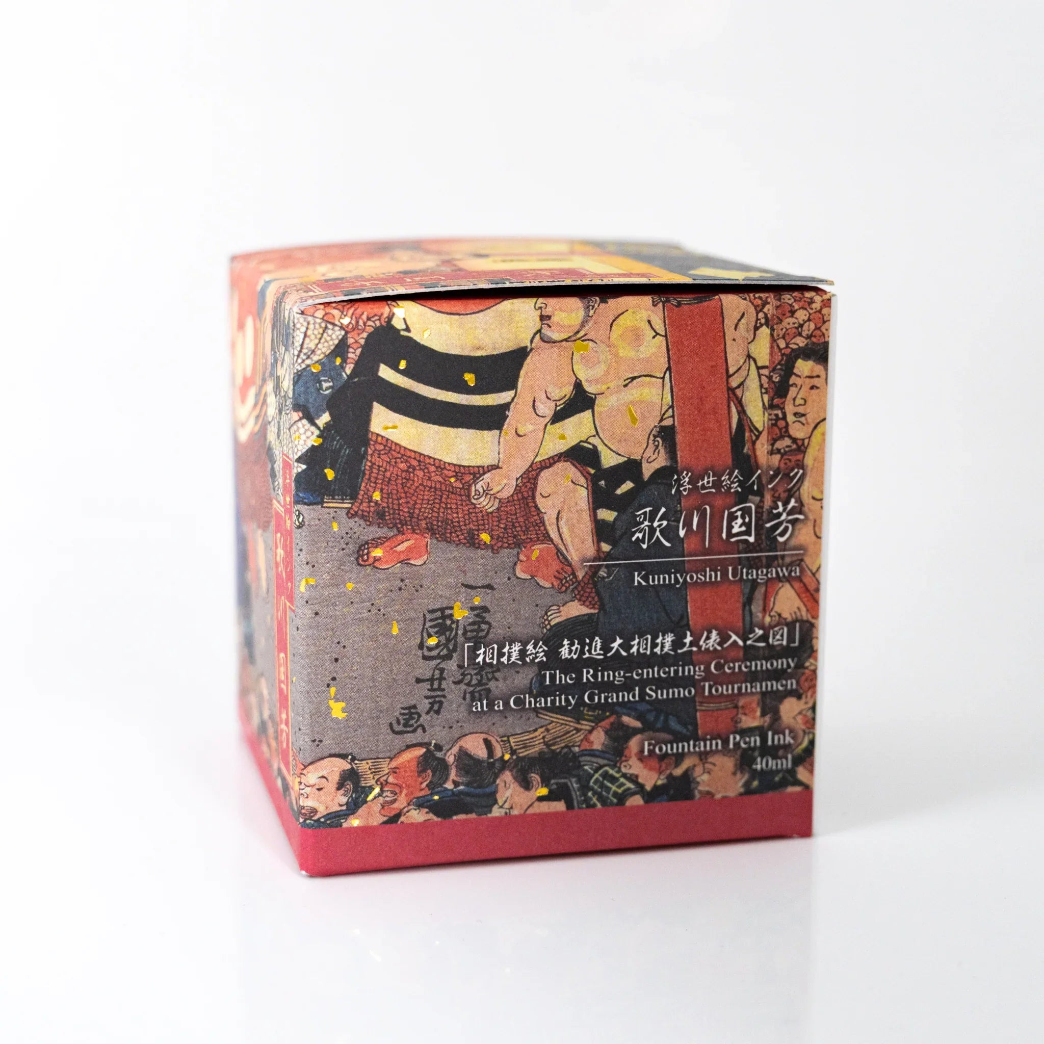 Side panel of TACCIA Kuniyoshi Akane box featuring a scene from Kuniyoshi's Kanjin Ozumo print.