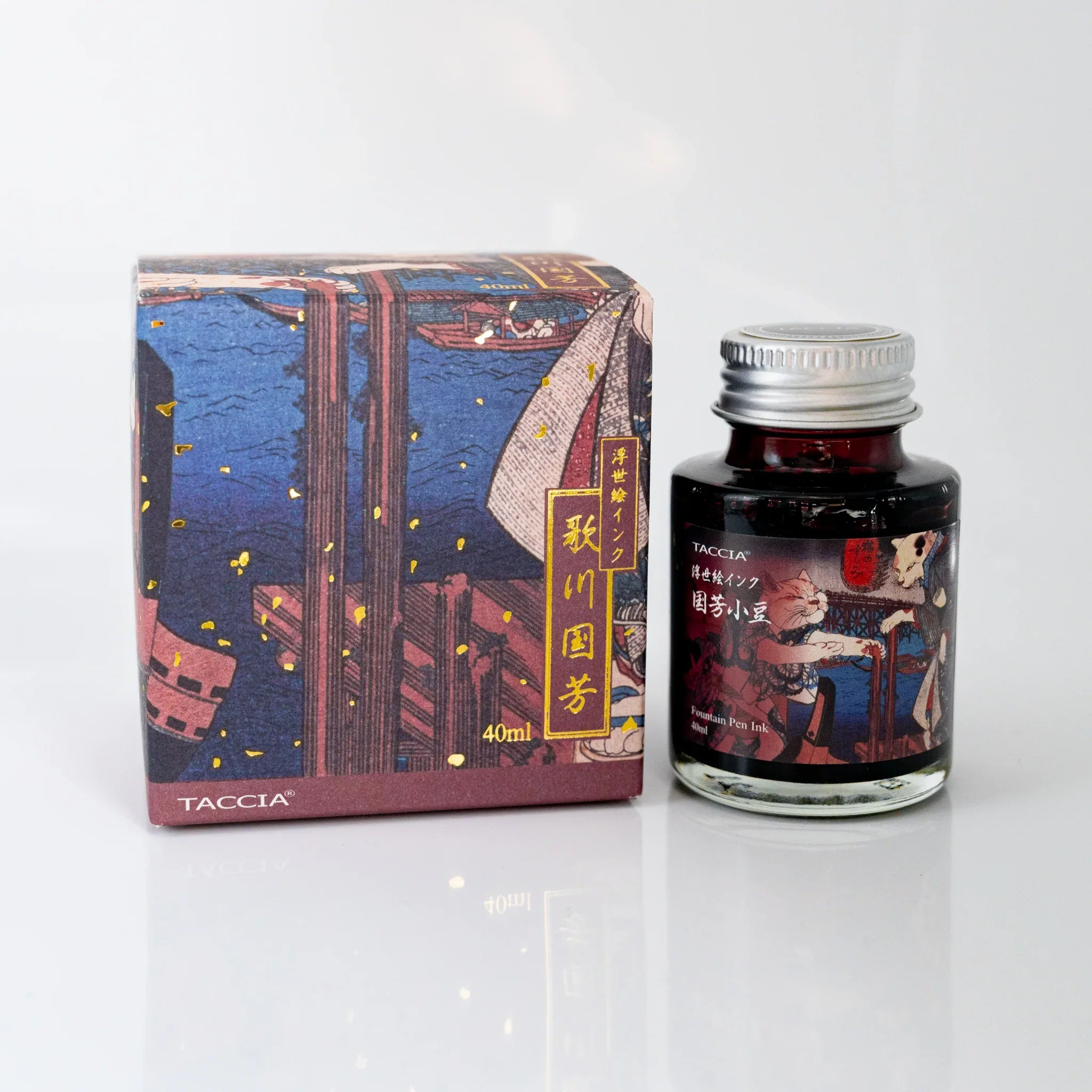 TACCIA Ukiyo-e Kuniyoshi Azuki 40ml Japanese fountain pen ink bottle and box printed with Neko no Suzumi.
