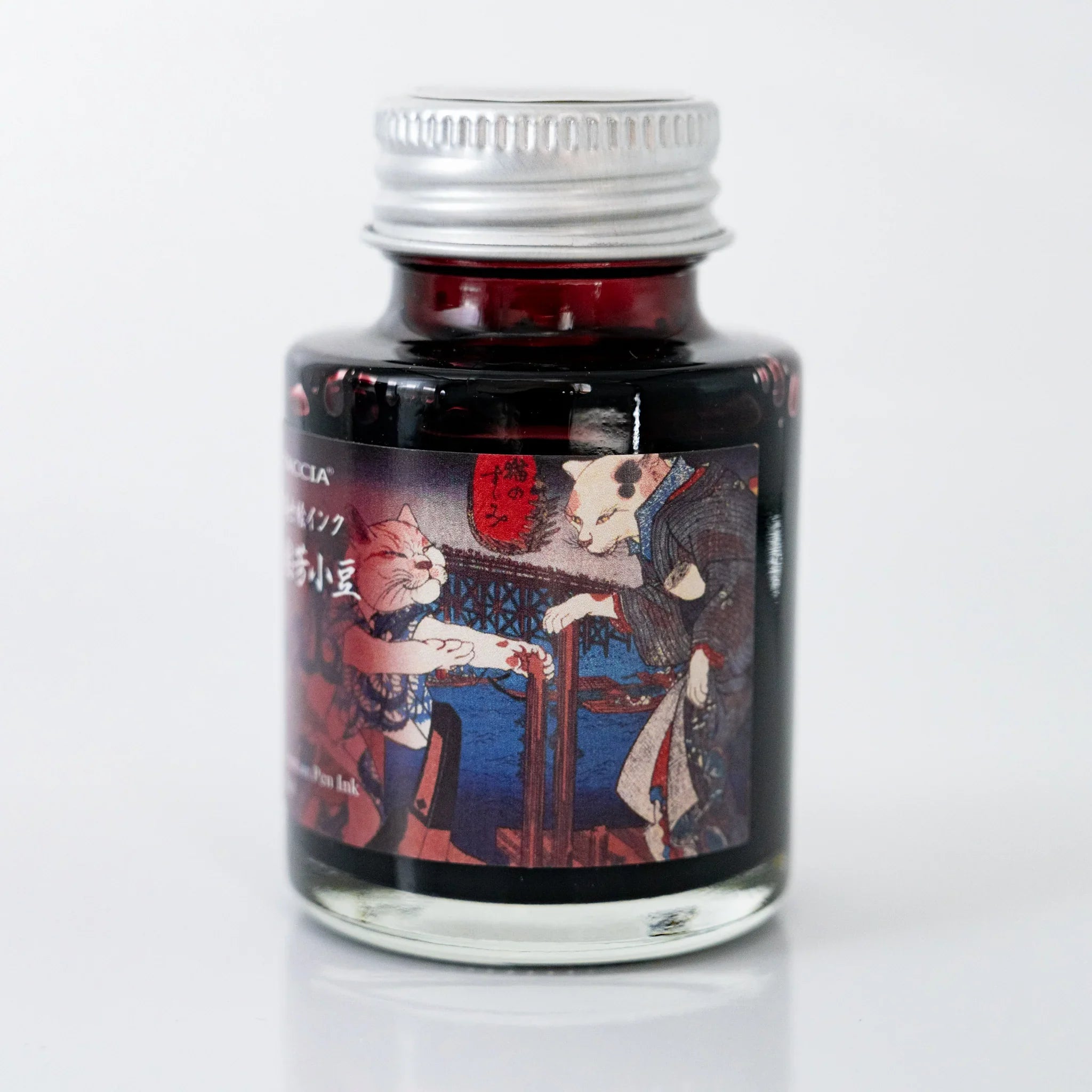 Detail of TACCIA Kuniyoshi Azuki ink bottle label artwork from Kuniyoshi's Neko no Suzumi.