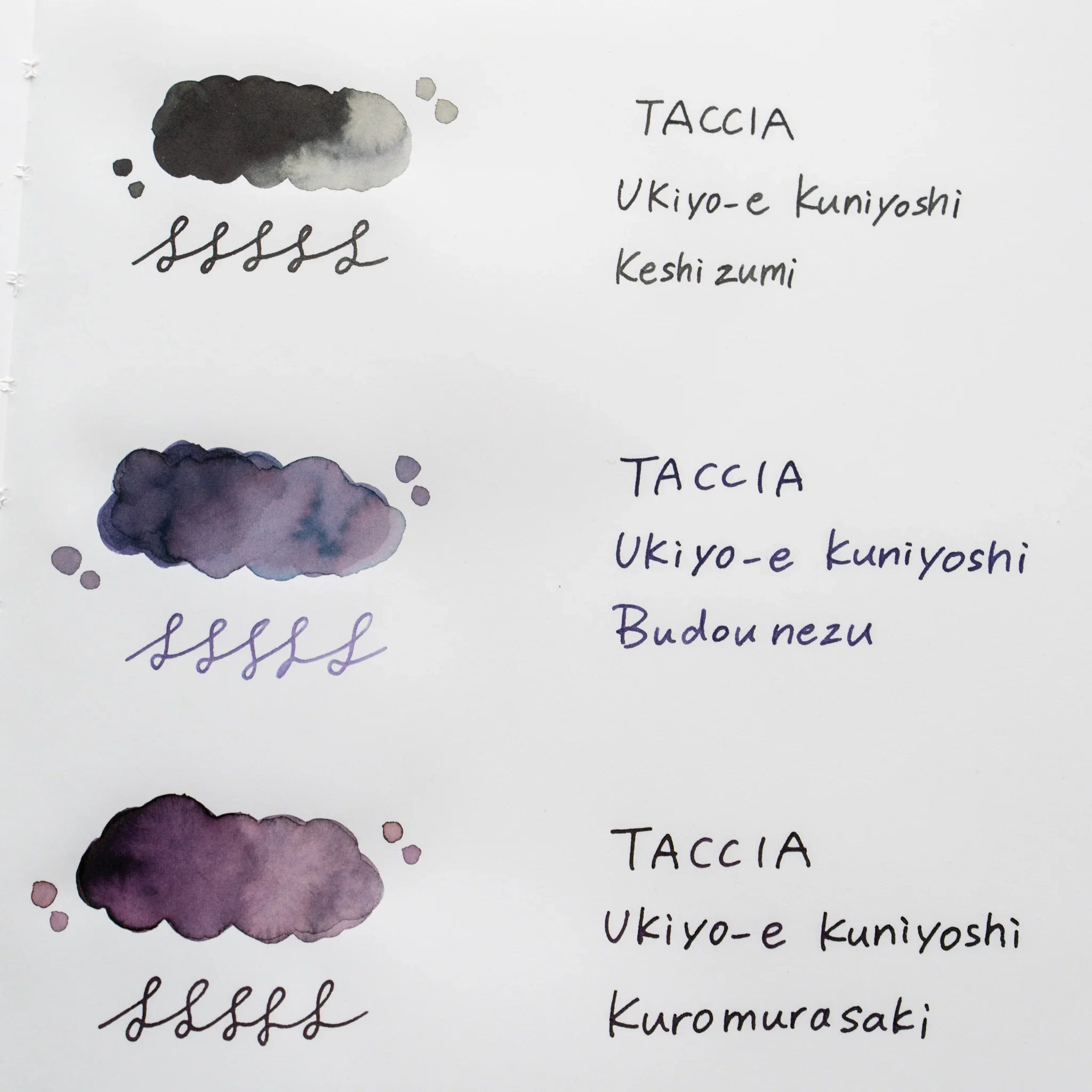 TACCIA Ukiyo-e Kuniyoshi Budounezu hand-painted swatch shown with neighboring ink colors on YU-SARI notebook.