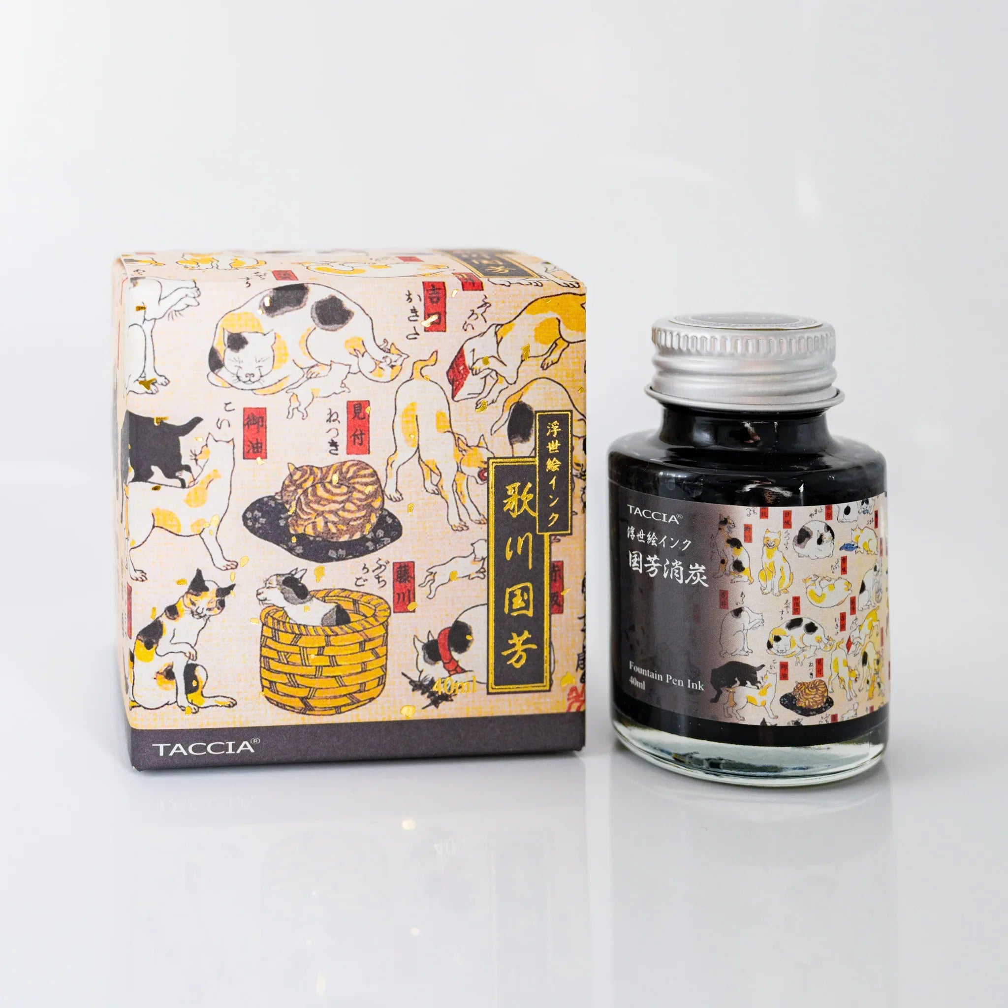 TACCIA Ukiyo-e Kuniyoshi Keshizumi 40ml Japanese fountain pen ink bottle and box printed with Cats as 53 Tokaido Stations.