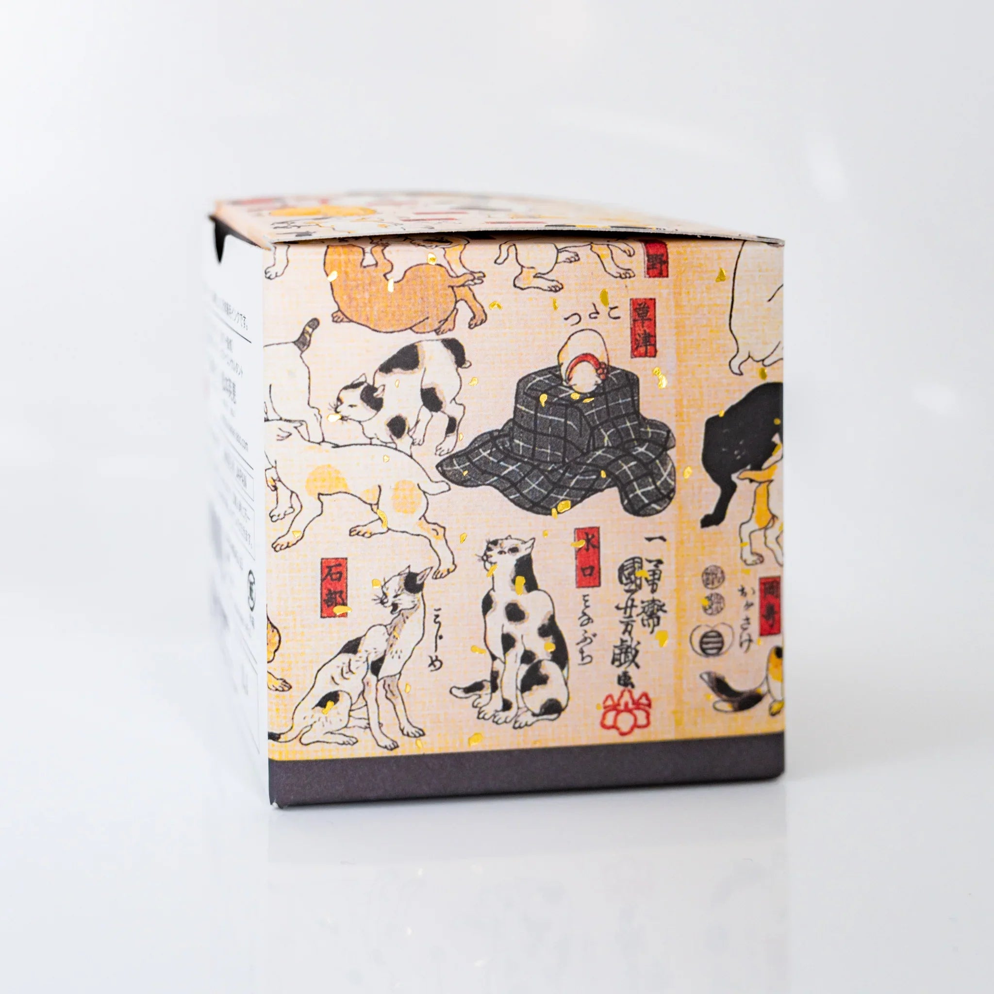 Side panel of TACCIA Kuniyoshi Keshizumi box featuring a scene from Kuniyoshi's Cats as 53 Tokaido Stations print.