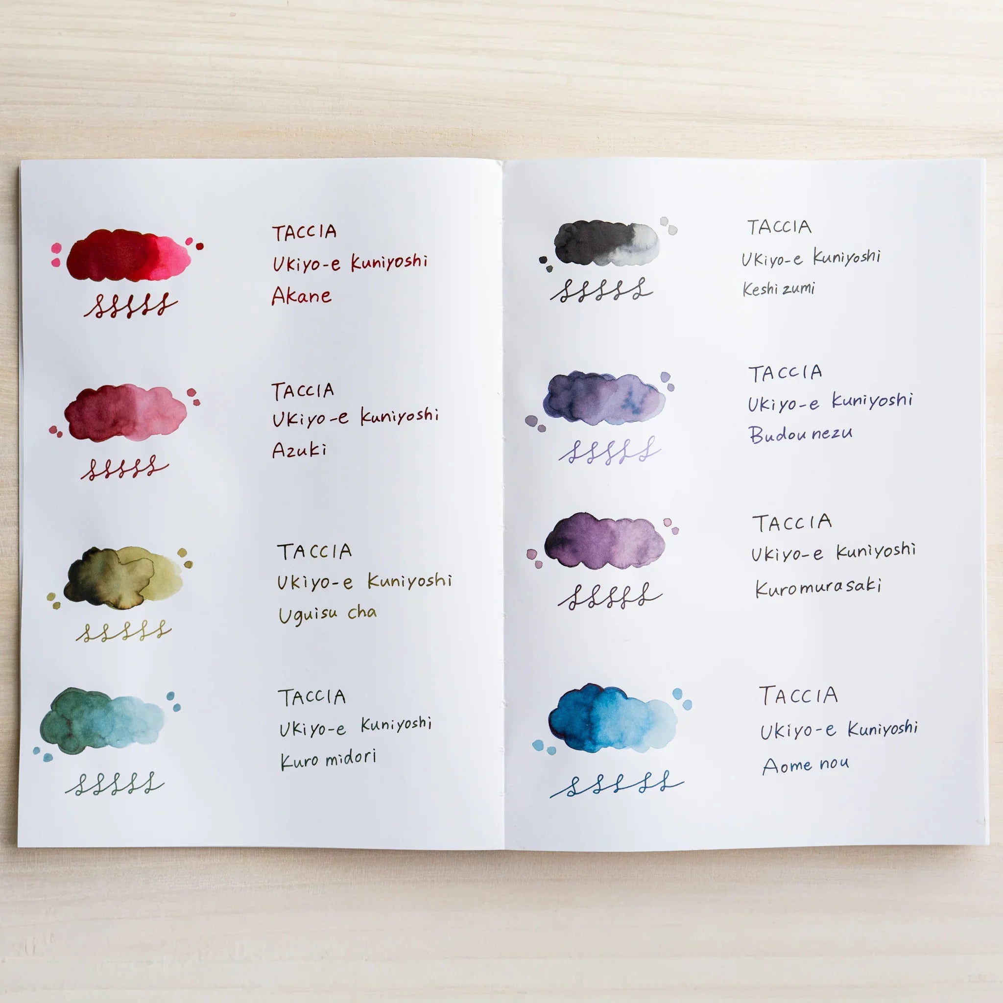 All eight TACCIA Ukiyo-e Kuniyoshi inks brush-washed and labeled with glass dip pen on YU-SARI fountain pen notebook.