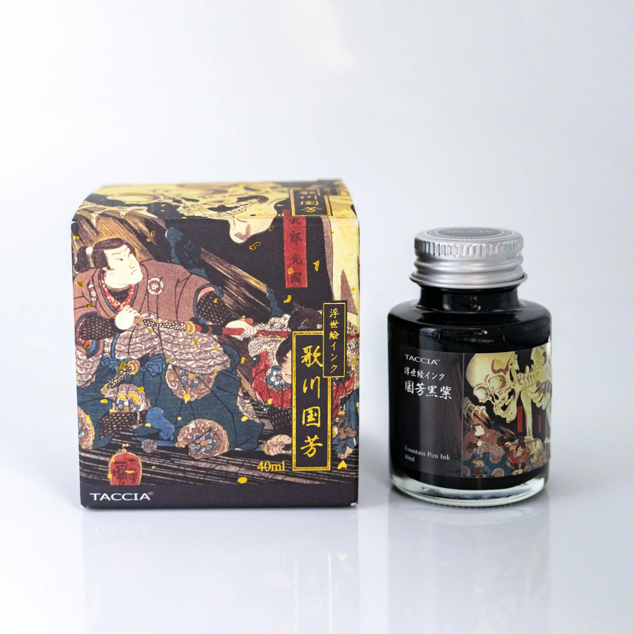 TACCIA Ukiyo-e Kuniyoshi Kuromurasaki 40ml Japanese fountain pen ink bottle and box printed with Soma no Furudairi.