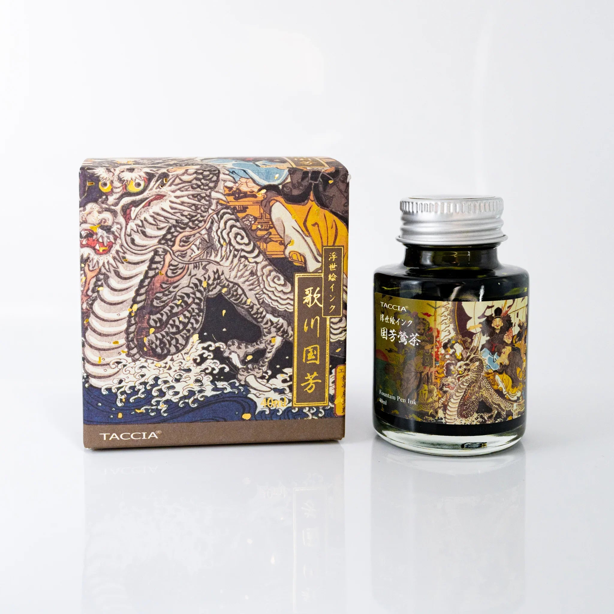 TACCIA Ukiyo-e Kuniyoshi Uguisucha 40ml Japanese fountain pen ink bottle and box printed with Seven Lucky Gods Treasure Ship.