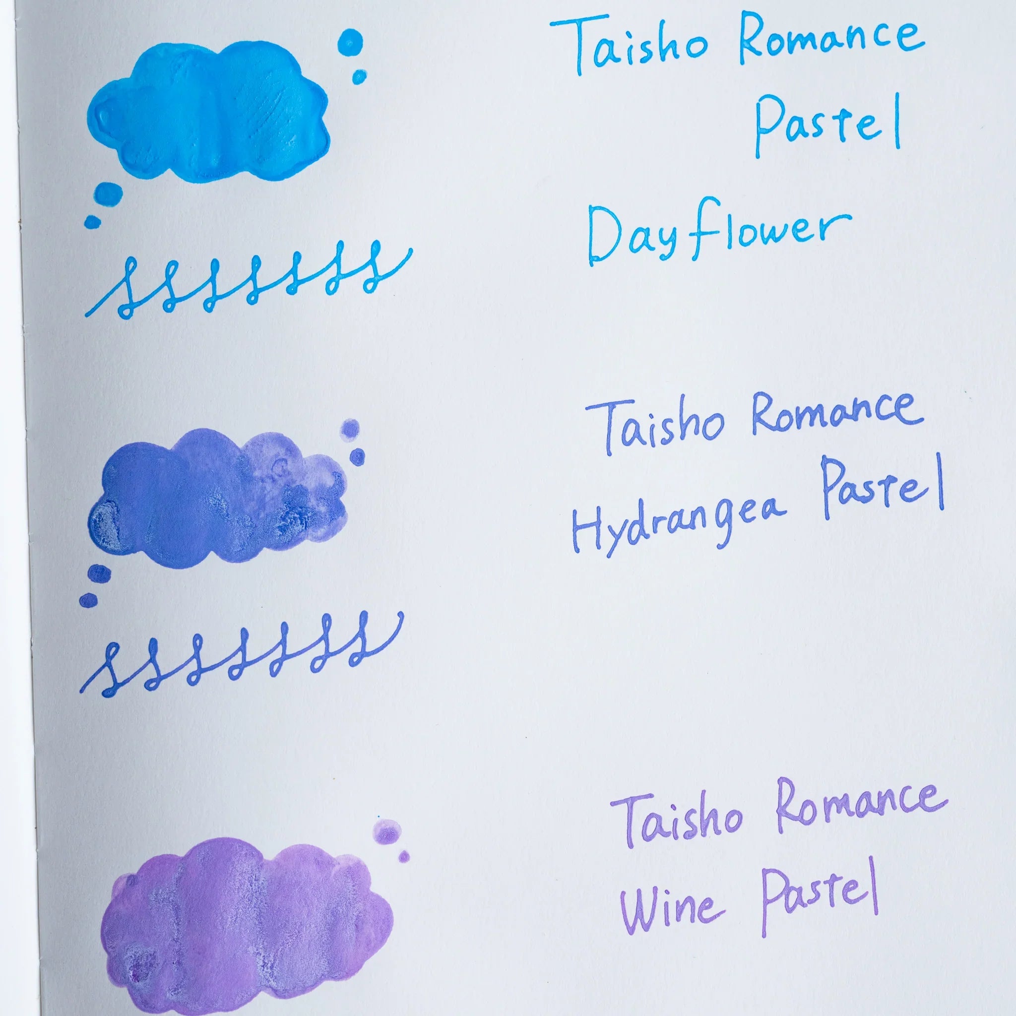 Handwritten swatch of Taisho Romance Hydrangea Pastel ink, a cloud-shaped wash and a looped line in blue violet
