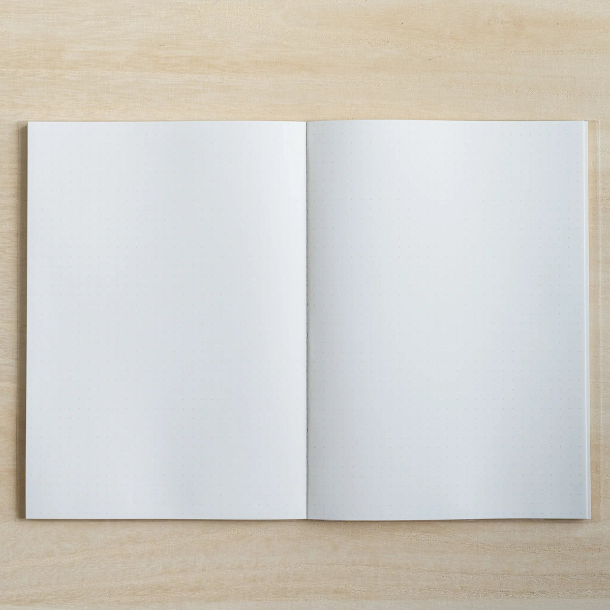 HAIKARA notebook open flat to a faint dot grid page spread on a pale wood surface