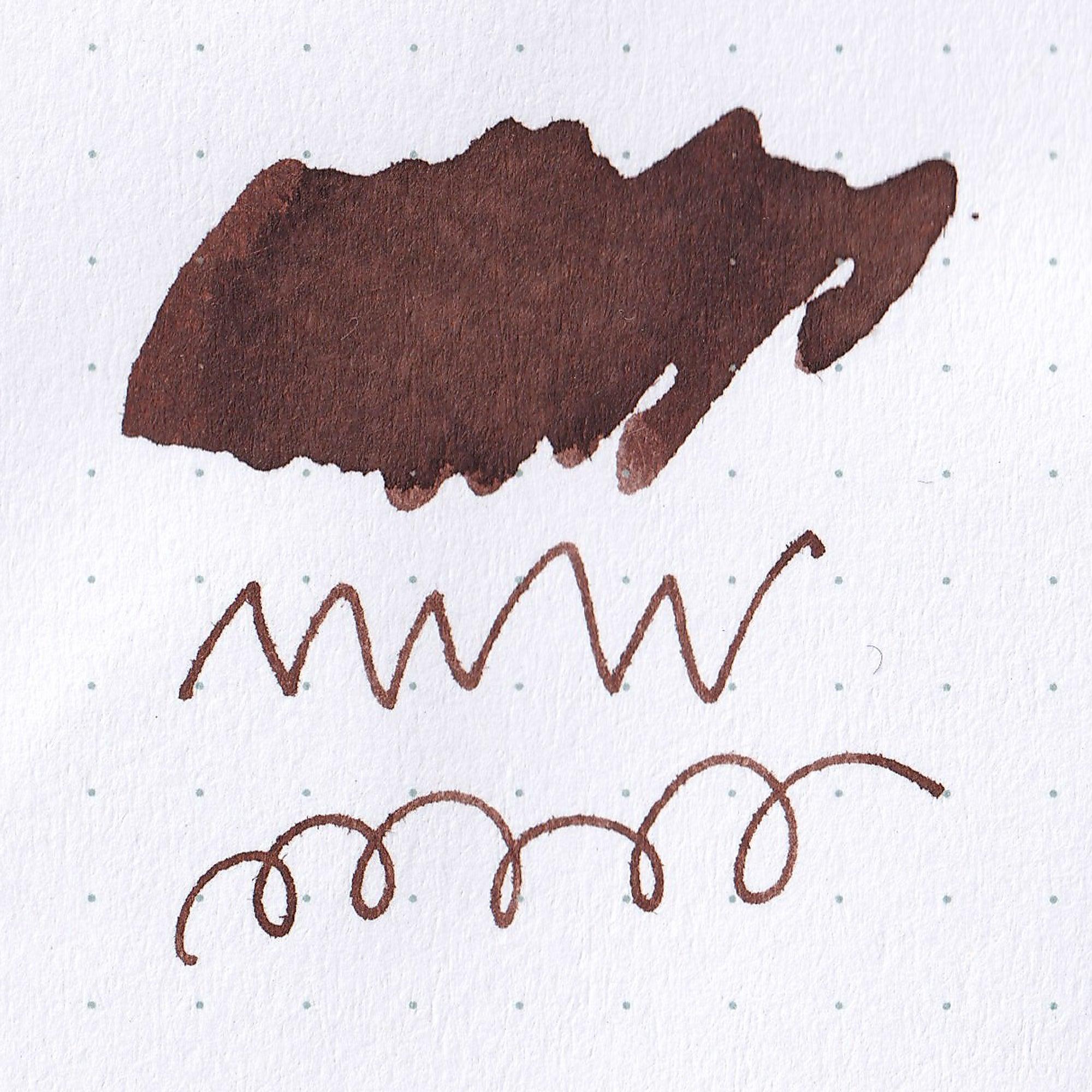 Close-up of Taisho Romance Traveling Sepia ink bottle, showcasing its earthy sepia ink and vintage-inspired label design.