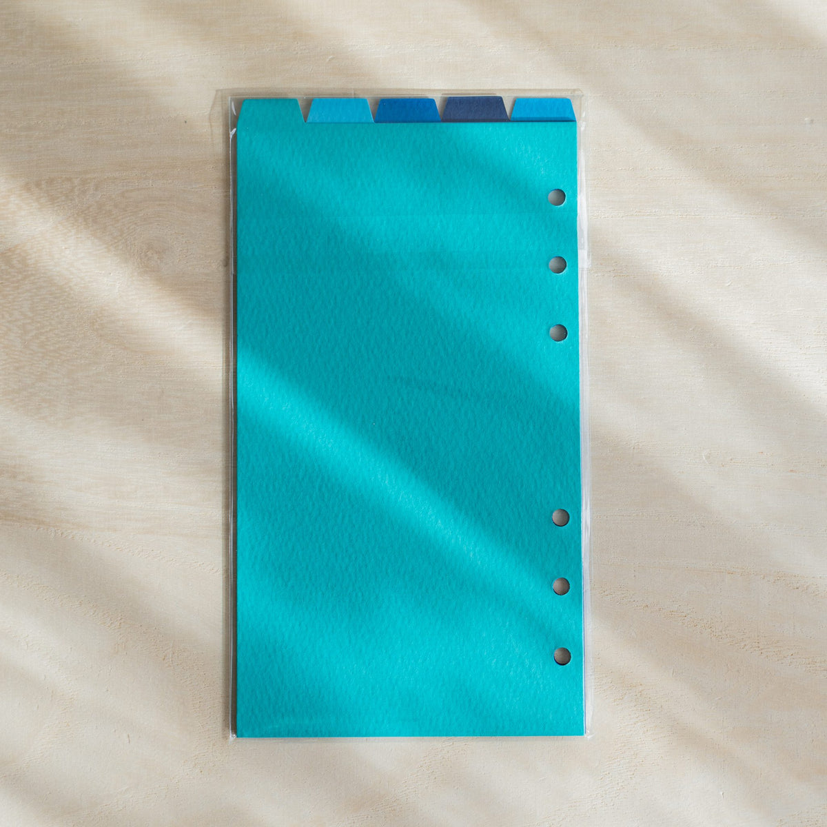 Back of the Mermaid Assorted Blues Bible package, turquoise sheet with blue top tabs in the sleeve