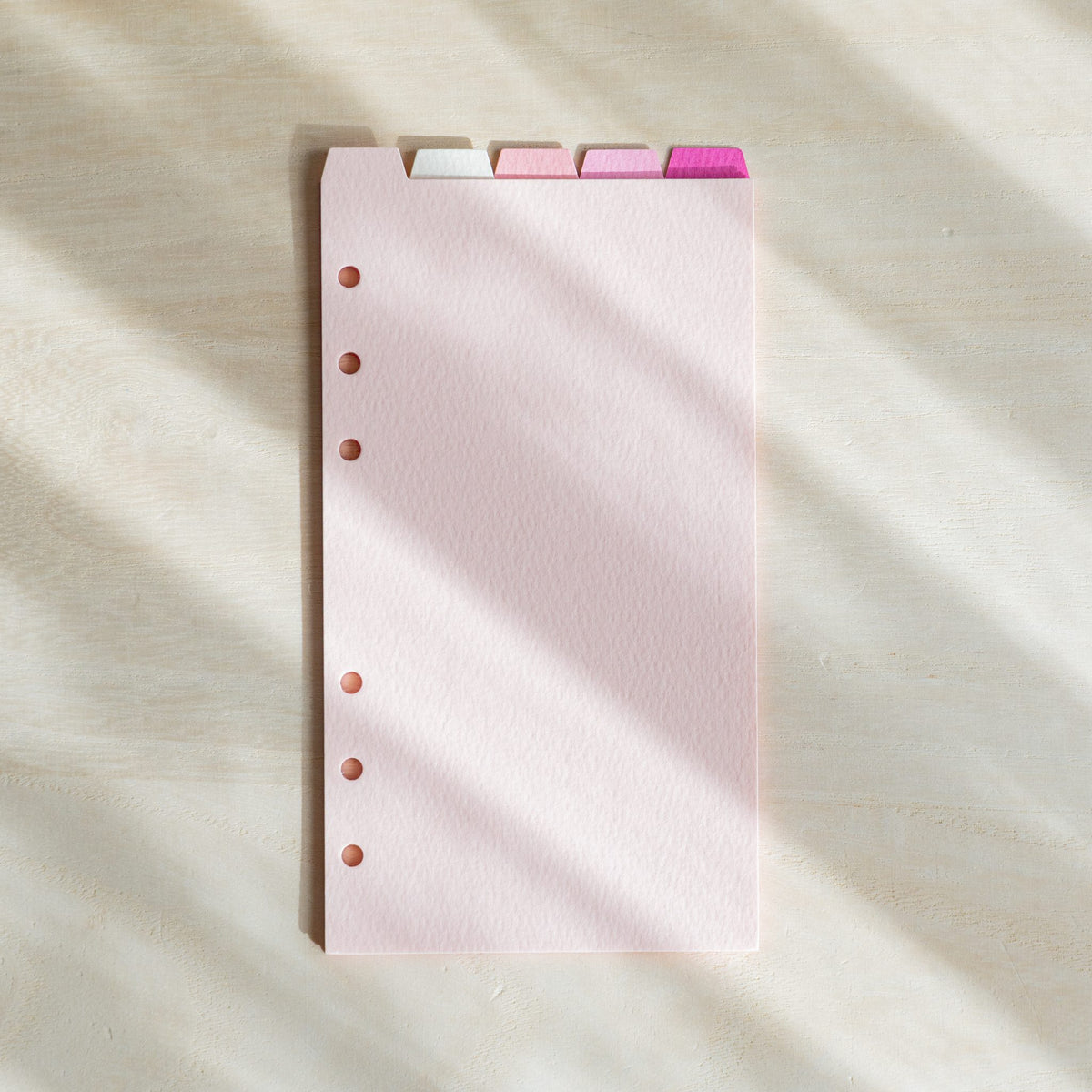 Single pale pink Mermaid Bible size index divider with 6 punched holes and top tabs behind