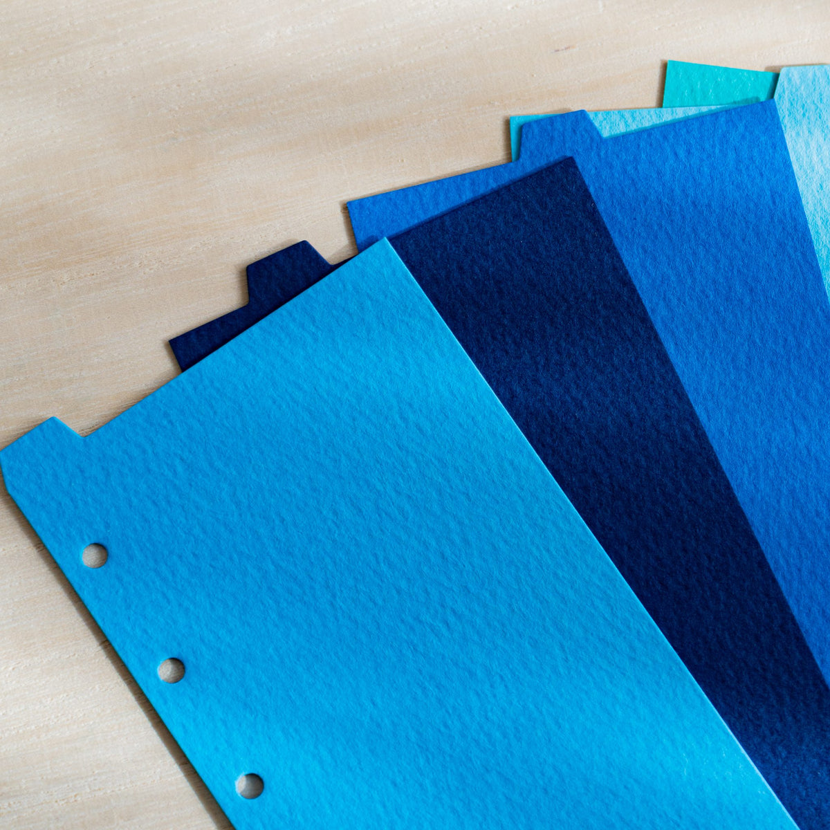 Close-up of Mermaid M5 blue dividers showing the rippled felt-mark texture and punched holes