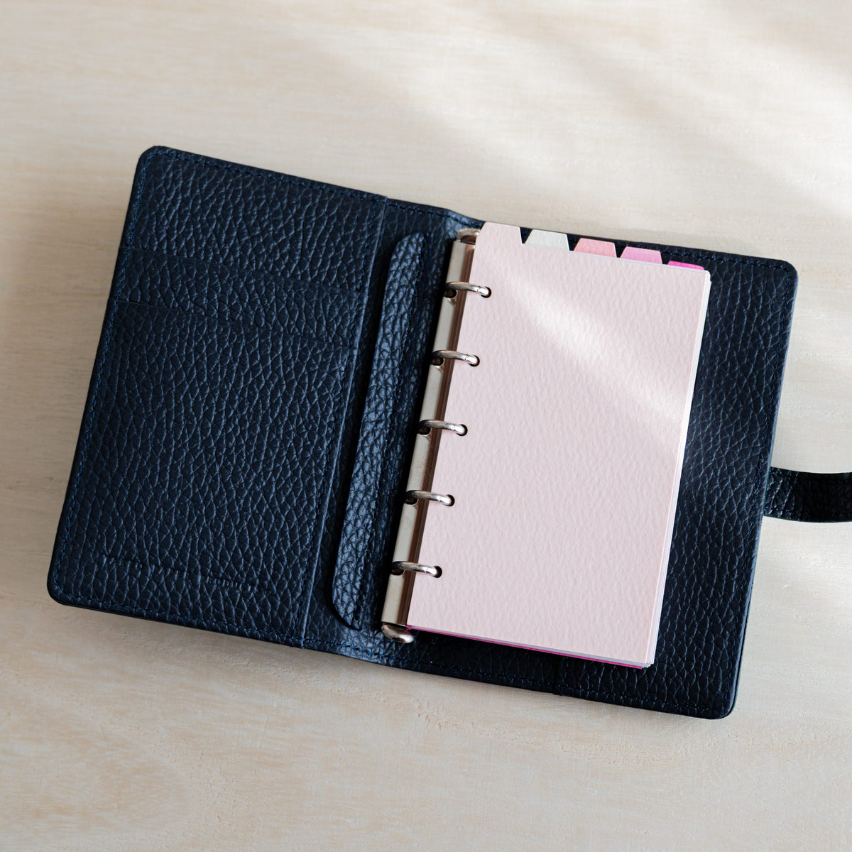 Pale pink Mermaid M5 divider on the silver rings of an open navy grained leather planner