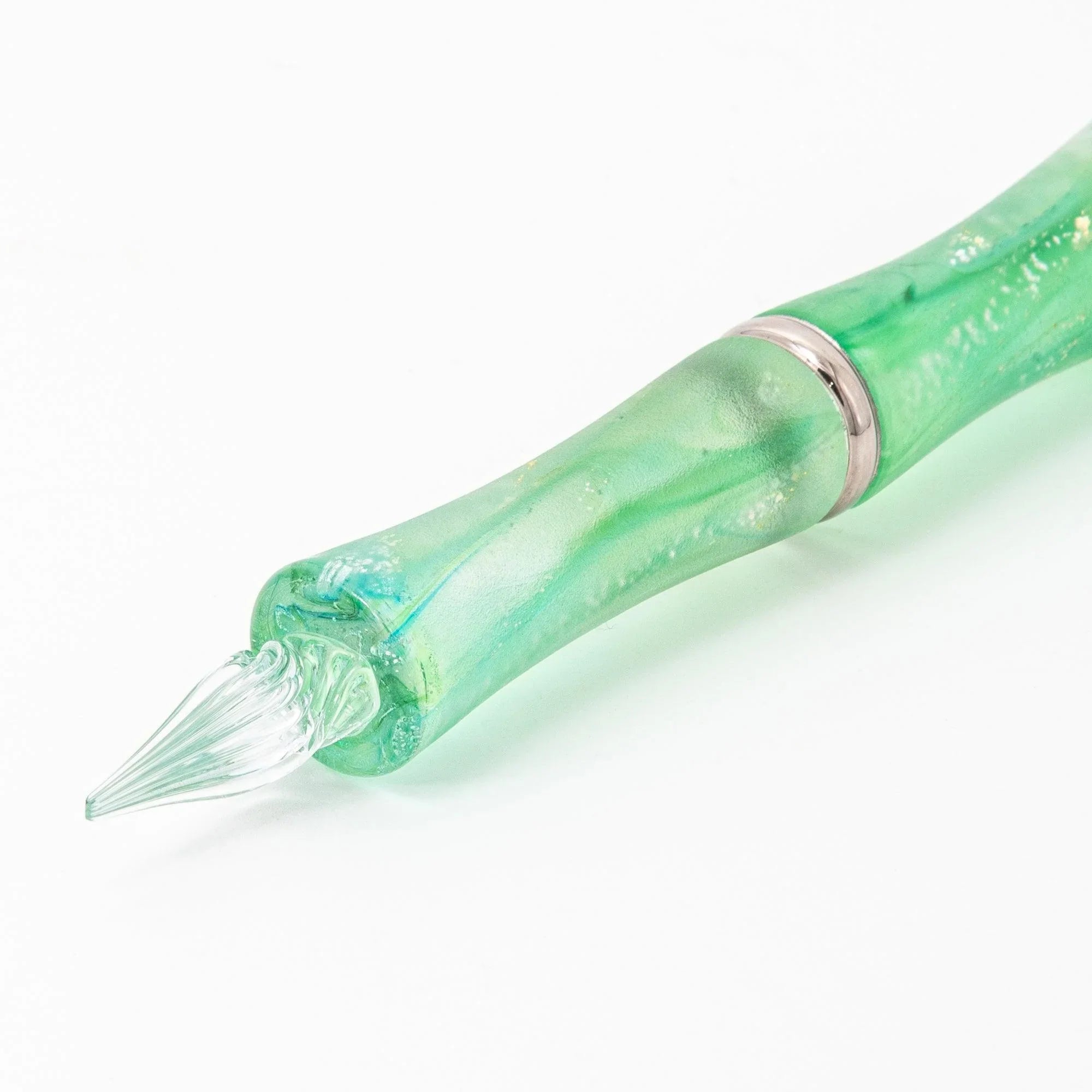 TAKETORI Hazy Moon Series Vivid Green Glass Dip Pen - Glass Studio TooS, top-down perspective with detail